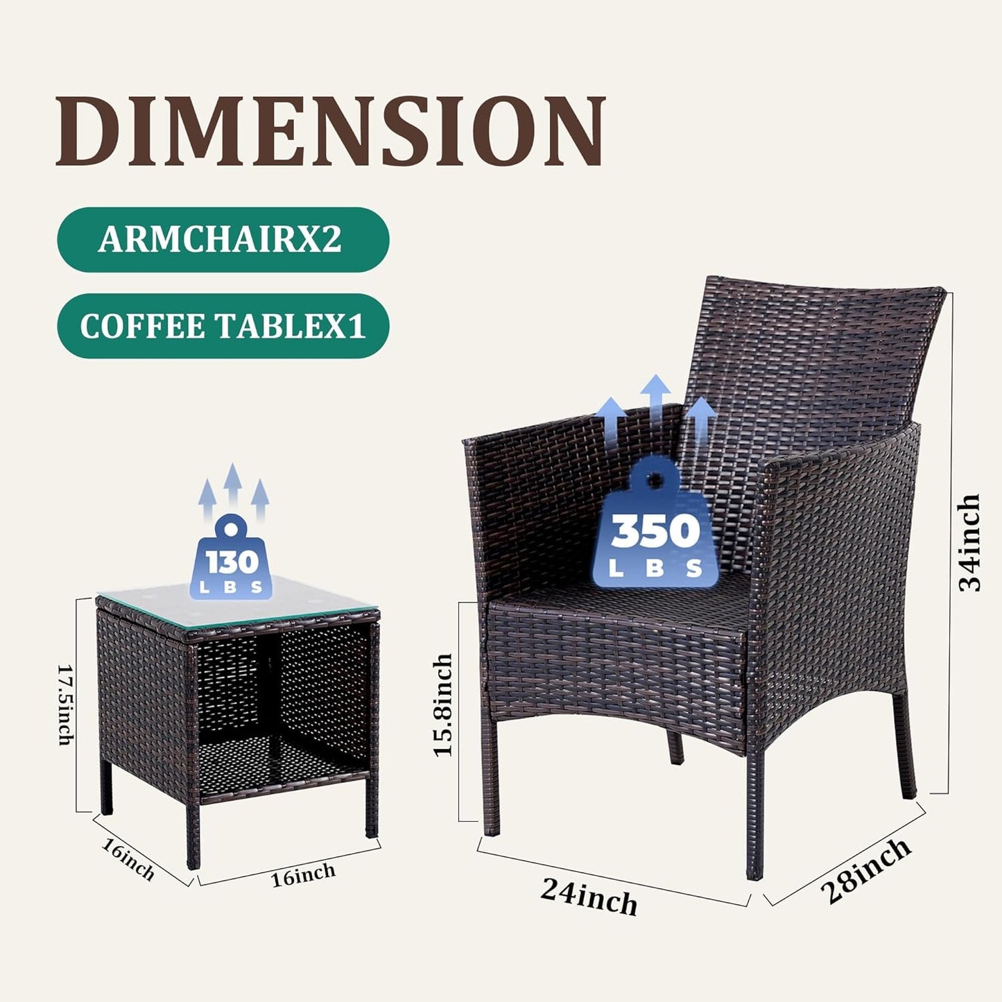 3 Piece Patio Furniture Set - Outdoor Conversation Sets with Coffee Table, Rattan Chair Set for Garden/Poolside, Brown/Navy Blue