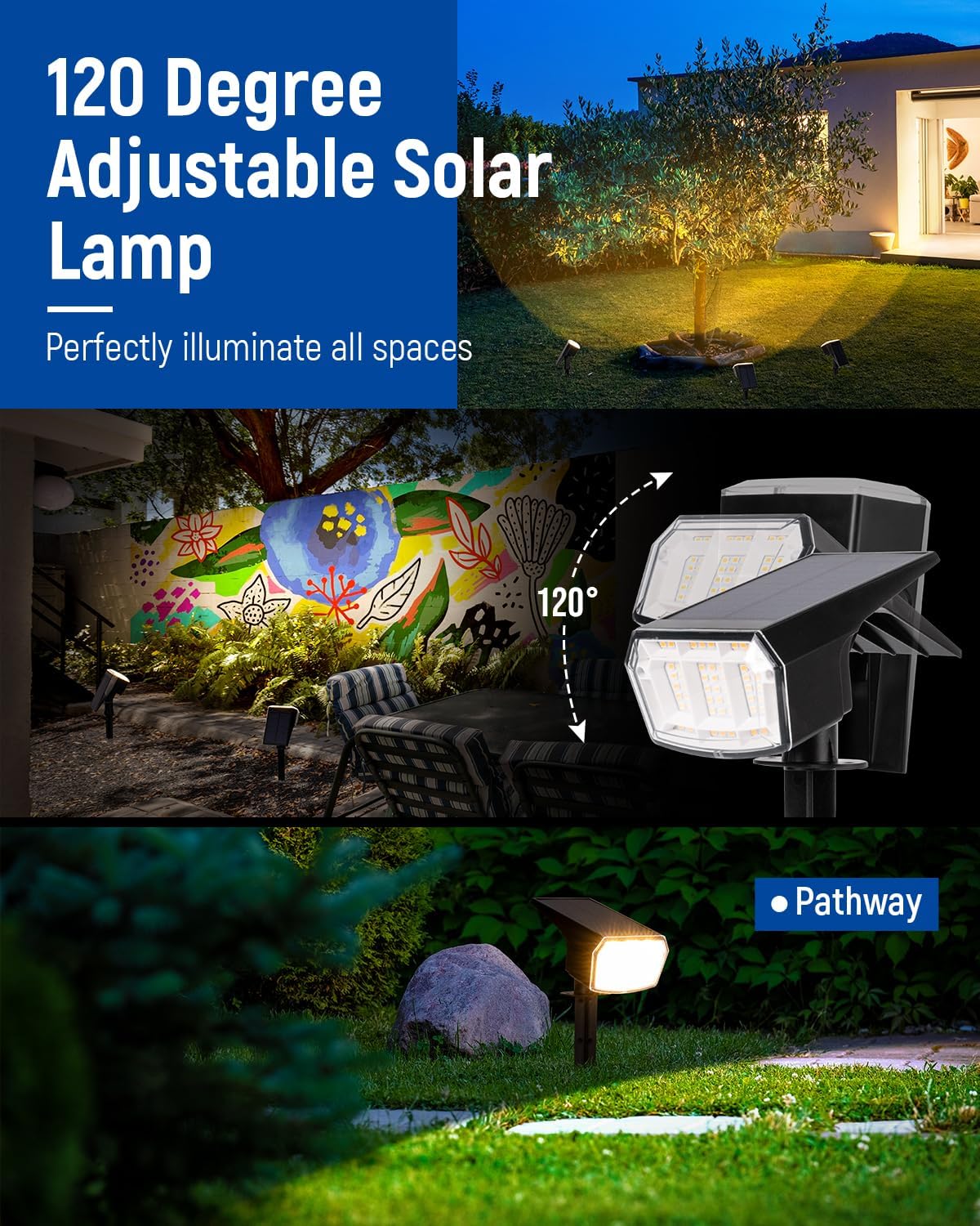 Solar Spot Lights Outdoor Waterproof 1 Pack IP65, 63 LED 3 Lighting Modes Spotlights for Outside Yard Garden House Garage Landscape Lights-Warm White