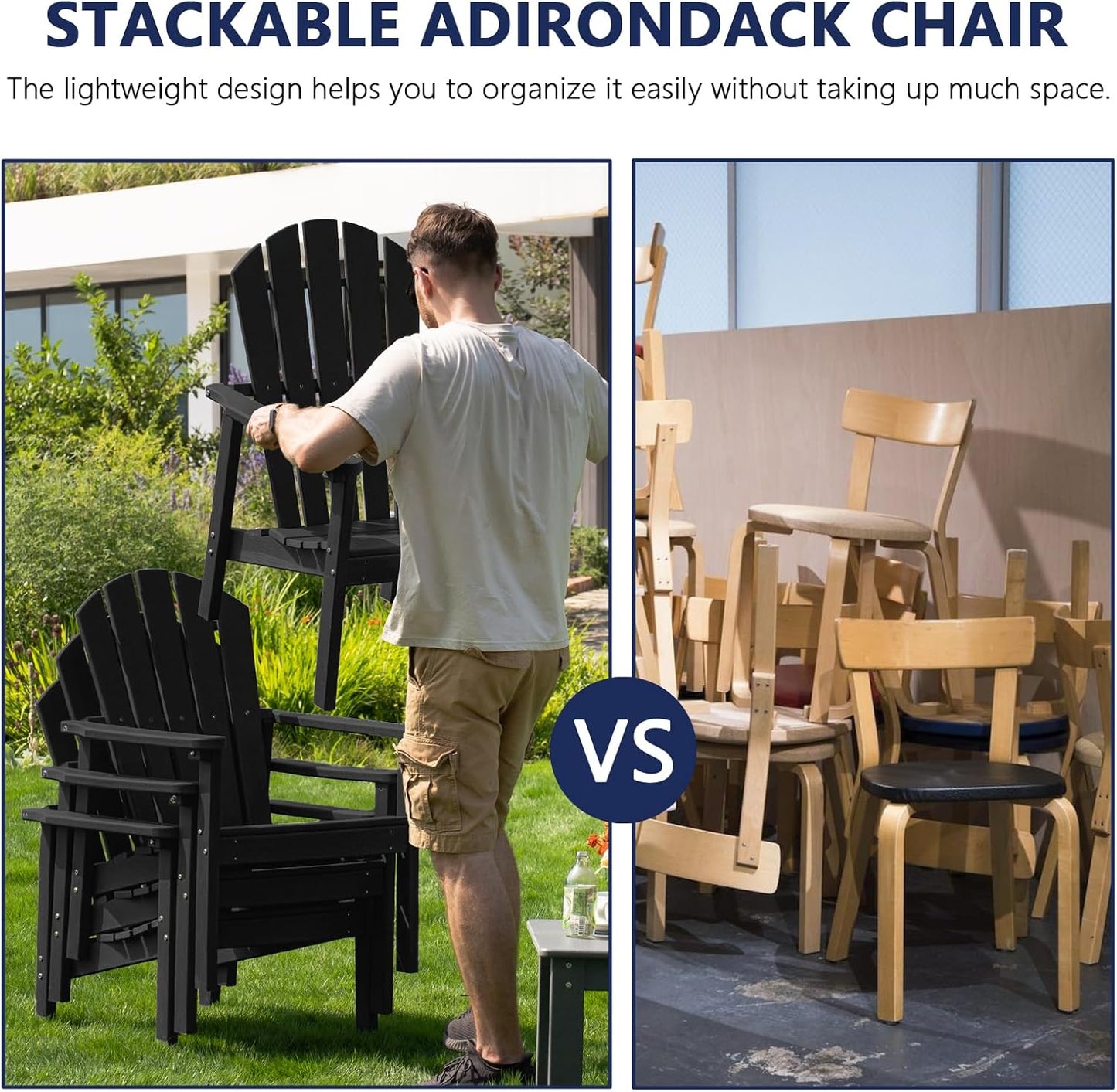 Stackable Adirondack Chair Set of 4, HDPE Outdoor Patio Chair - Durable and Space Saving, Suitable for Porches, Lawns or Garden, Black