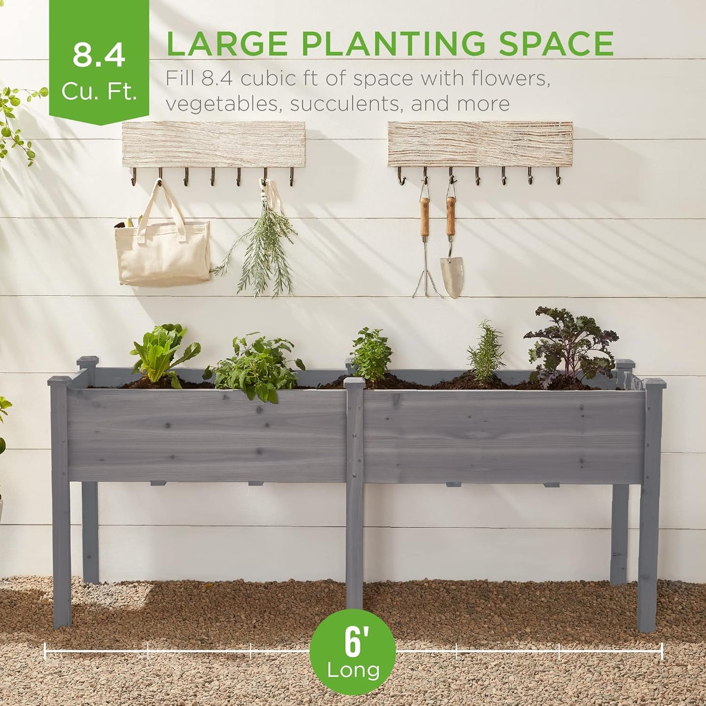 Best Choice Products 72x24x30in Raised Garden Bed, Elevated Wood Planter Box Stand for Backyard, Patio, Balcony w/Divider Panel, 6 Legs, 300lb Capacity - Gray
