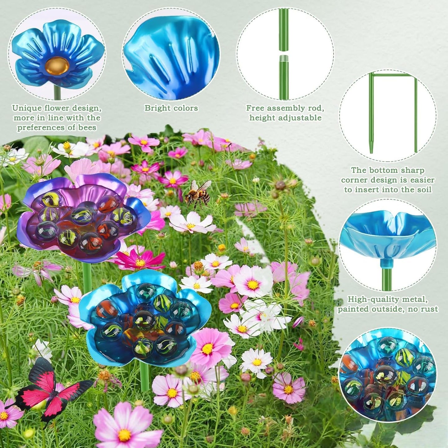 4 Pack Bee Watering Station, Metal Bee Feeder Cups with Colorful Flower Design,Butterfly Bee Bath Bowl for Outdoor Garden Yard Decor (Green, Blue, Yellow, Purple)