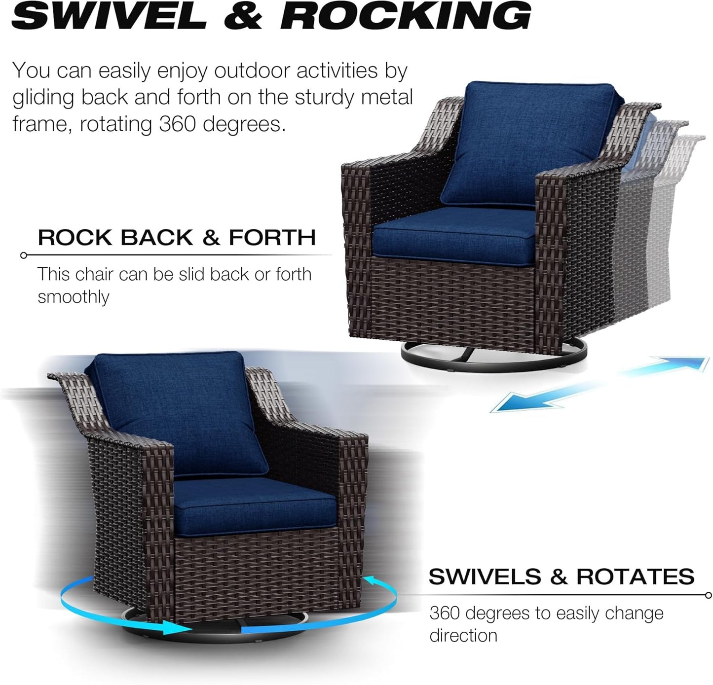 Joyside Wicker Patio Furniture Sets, 4 Pieces Upgraded Large Size Outdoor Furniture with Swivel Rocking Patio Chairs and Outdoor Ottoman, Thick Cushions, Wide Armrest