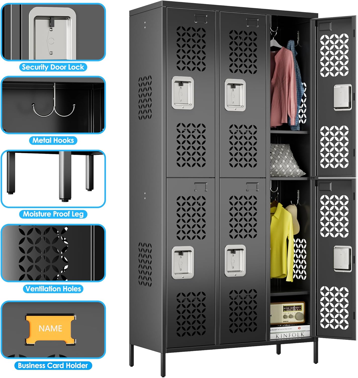 METAN Upgrade Metal Locker for School Office Gym Bedroom,6 Doors Steel Storage Locker Cabinet for Employees,Industrial Storage Locker with 1 Shelves,Assembly Required,Black