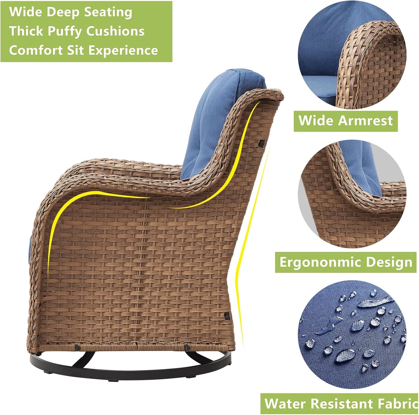 Outdoor Patio Swivel Rocker Chairs - 3 Piece Patio Bistro Set,Wicker Patio Furniture Set with 2 Swivel Rocking Chairs and 1 Glass Top Side Table for Deck Porch Garden,Yellow/Blue