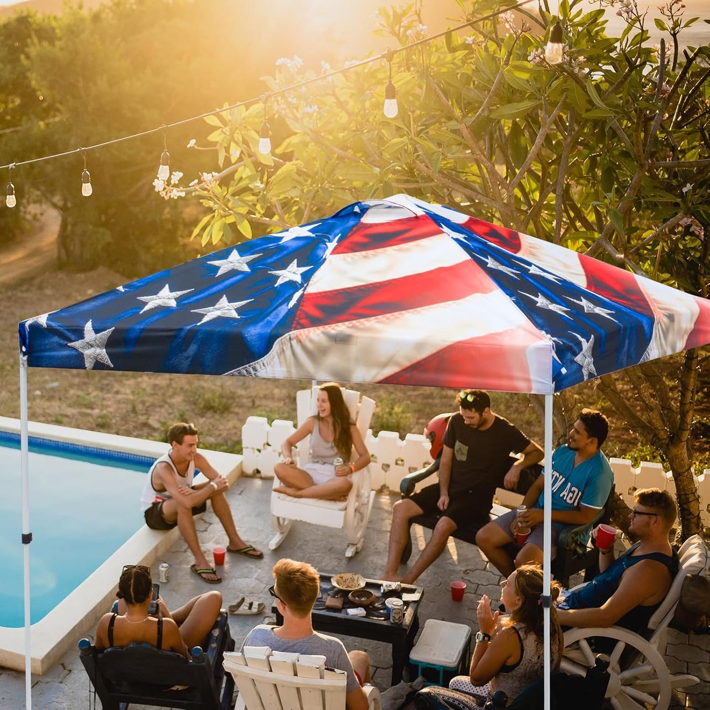 EAGLE PEAK Pop Up Canopy Tent with Wheeled Carry Bag, 8 Stakes, 4 Ropes, 4 Weight Bags, Easy Set Up Tent Canopy, 10x10 ft, 100sqft of Shade, Stars and Stripes