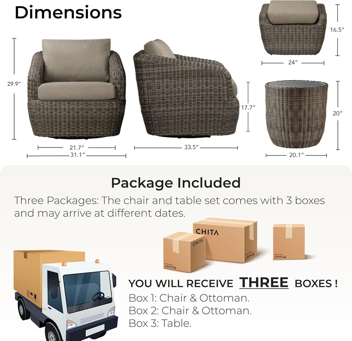 CHITA 5 Pieces Patio Wicker Furniture Set, Outdoor Rattan Bistro Set with Removable Thickened Cushions, Fully Assembled(Gray Cushions with Brownish Gray Wicker)