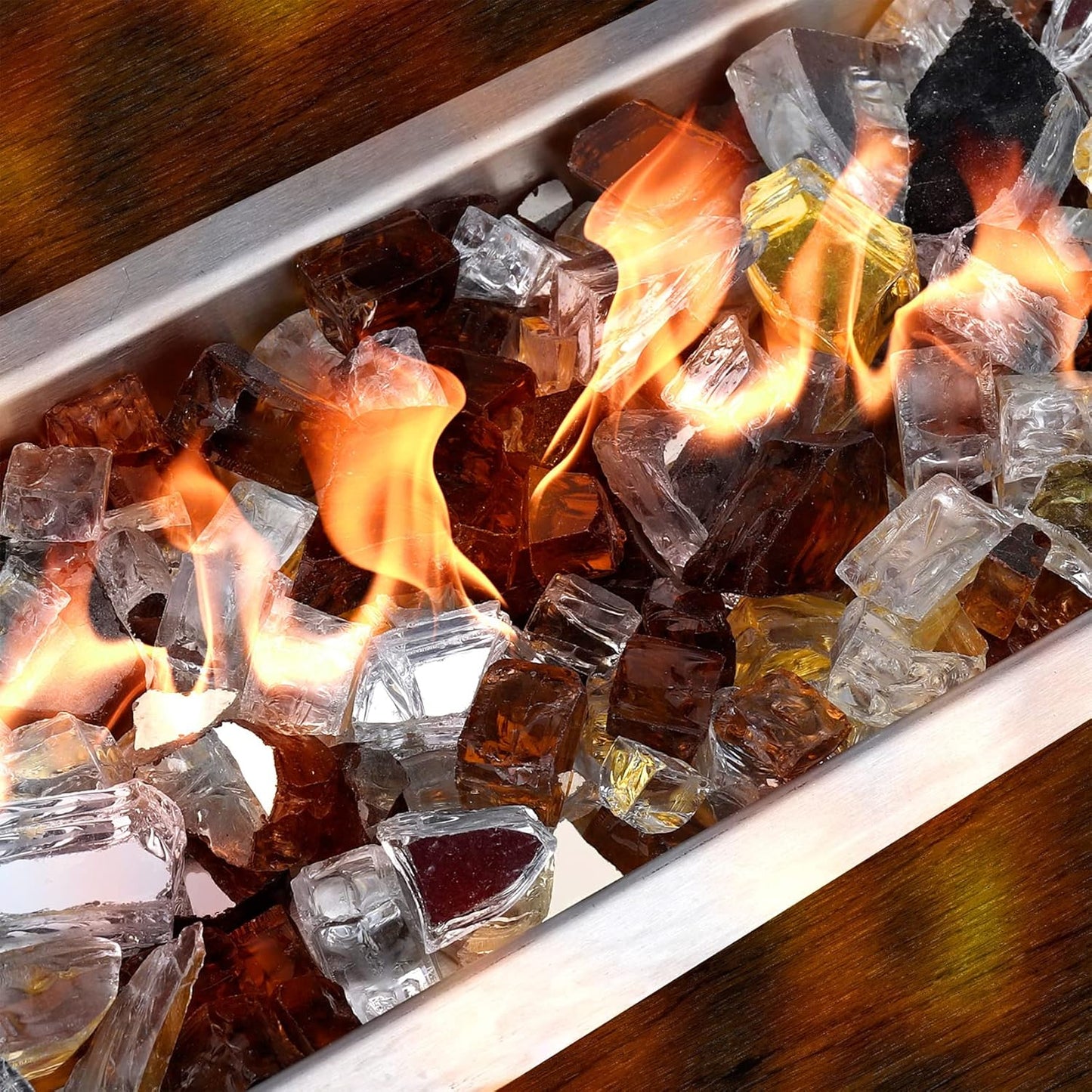 Mr. Fireglass Blended Reflective Fire Glass for Fire Pit Fireplace and Landscaping, 10 Pounds 1/4 Inch Mixed Colored High Luster Fire Rocks for Outdoor and Indoor Use Copper+Gold+Platinum