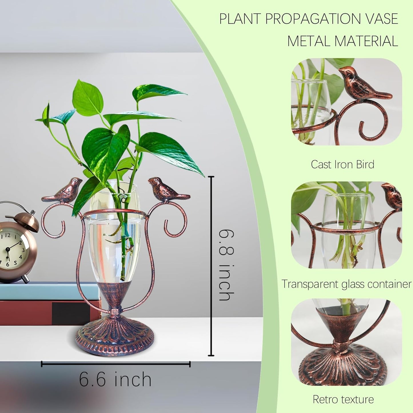 POXOH Vintage Glass Planter - Metal & Glass Propagation Vase with Dual Birds Art, Retro Indoor Planter for Hydroponic Plants, Office Desk Decor, Living Room Centerpiece