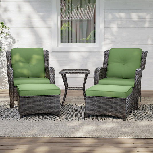 5 Pieces Patio Conversation Set, Wicker Chairs Set of 2 and Two Ottomans with 3.5-inch Seat Cushions, 1 Side Table High Back and Curved Armrest for Backyard, Balcony and Deck, Green