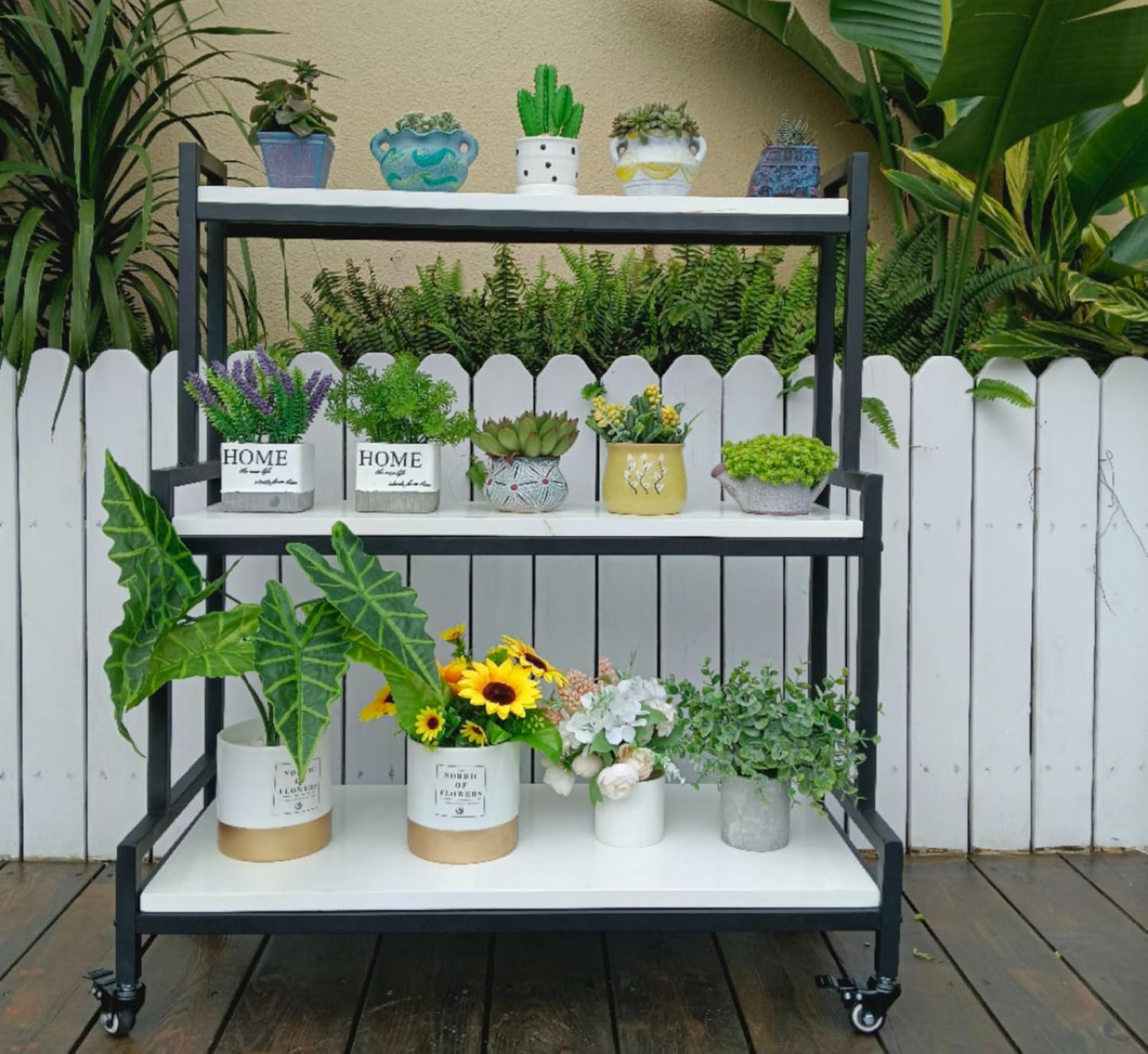 Rustic Plant Stand With Wheels, Rolling Shelves Rack Indoor Outdoor, Metal Stand With Solid Wood for Multiple Plants, Industrial Ladder Flower Shelf for Garden, Living Room, White