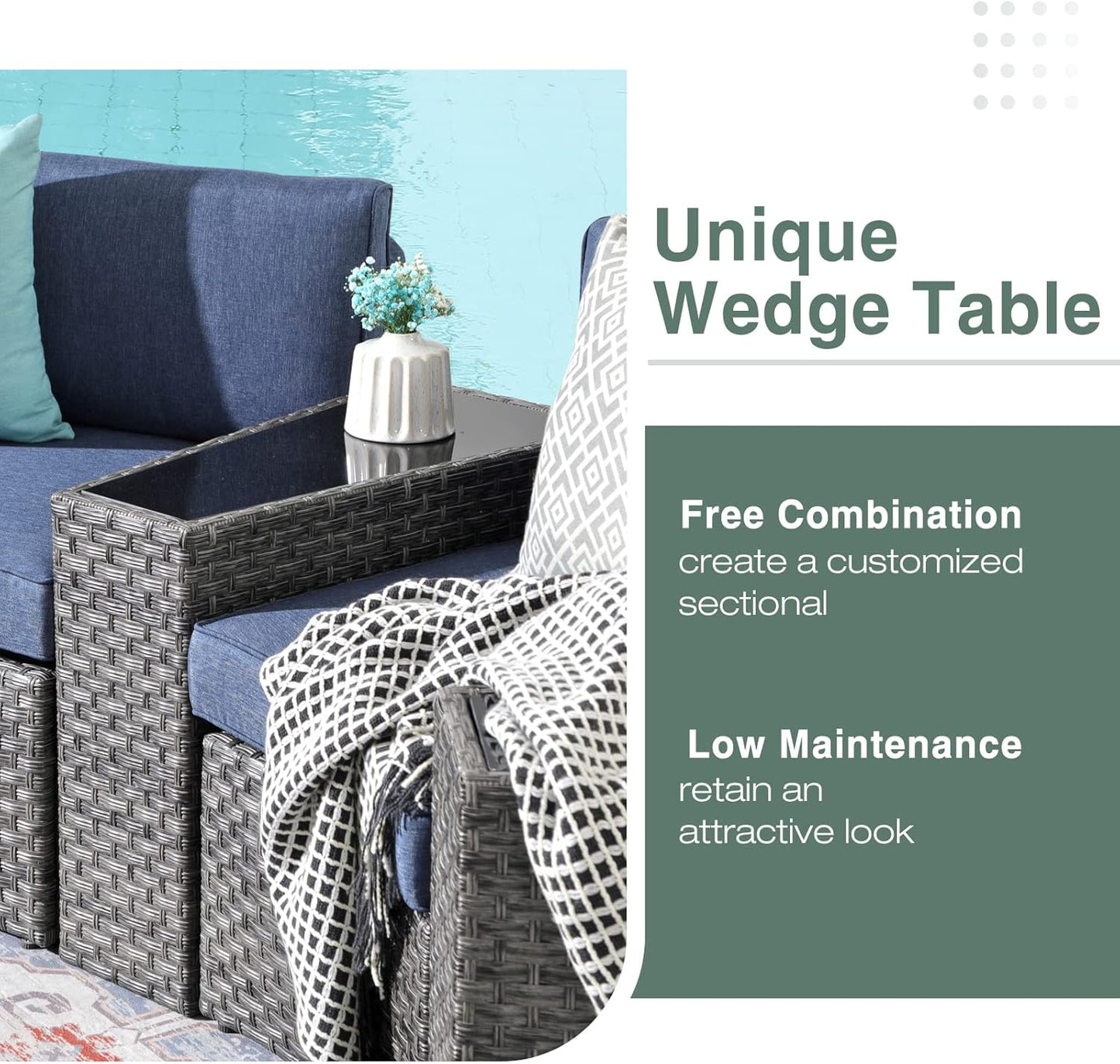 SUNSITT Outdoor Patio 8-Piece Half Moon Curved Furniture Sofa Set Grey Wicker Sectional Sofa Denim Blue Cushions with 2 Side Table