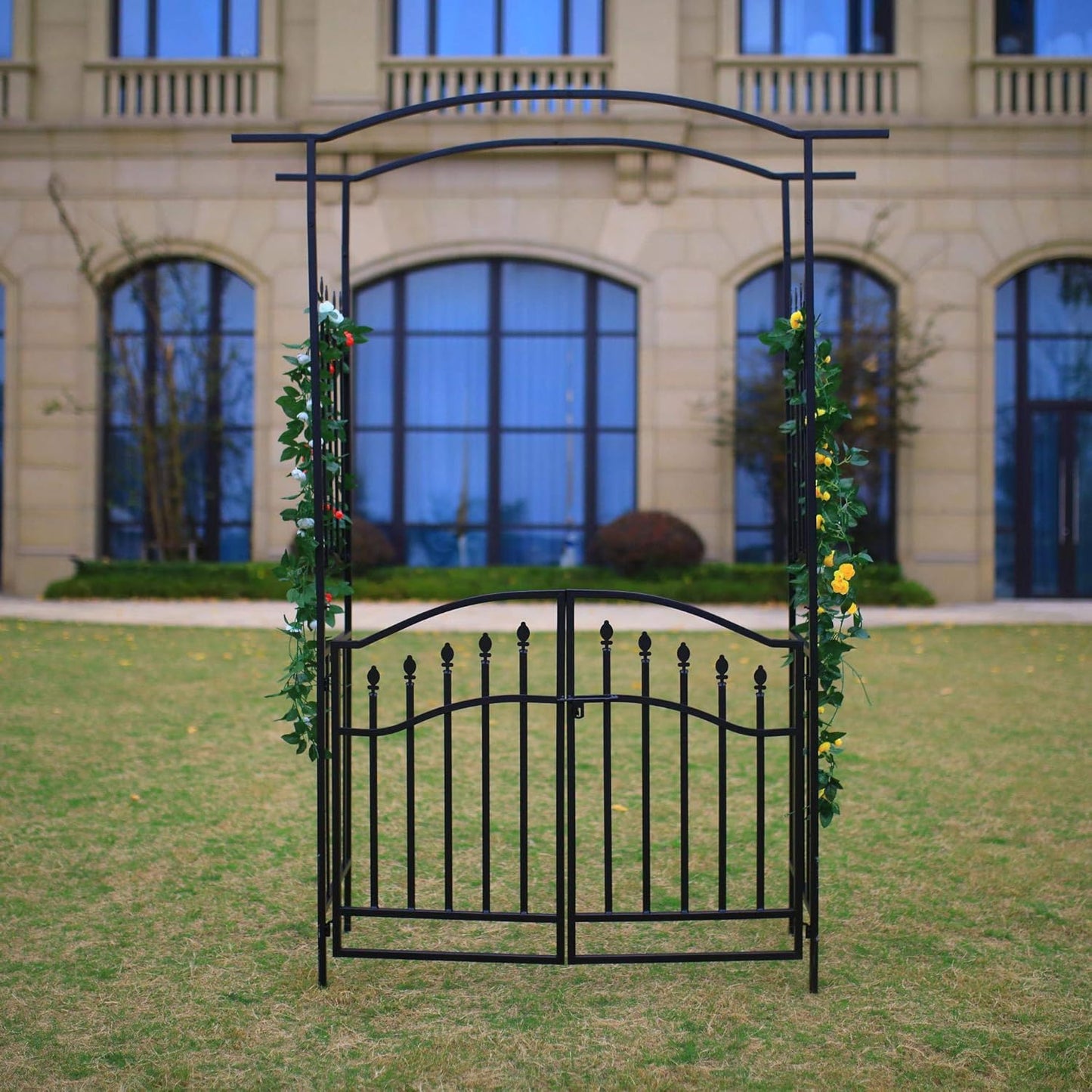 Steel Garden Arch with Gate, 6'8" High x 4'11" Wide, Garden Arbor for Various Climbing Plant, Outdoor Garden Lawn Backyard