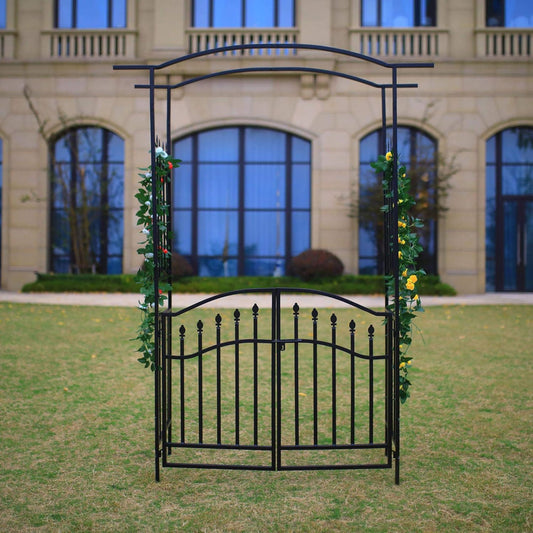 Steel Garden Arch with Gate, 6'8" High x 4'11" Wide, Garden Arbor for Various Climbing Plant, Outdoor Garden Lawn Backyard