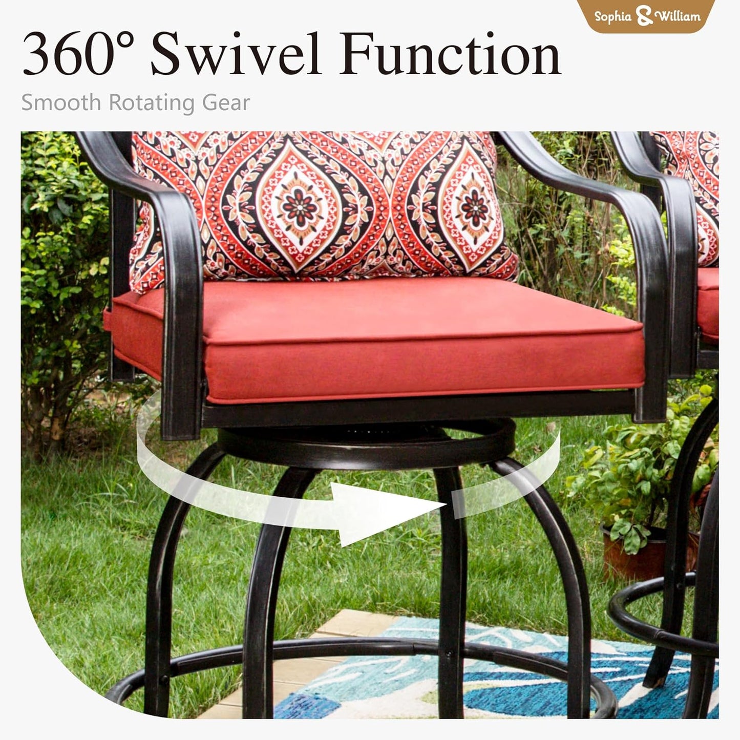 Sophia & William Patio Bar Set 5 Piece Outdoor High Dining Table and Chairs, Metal Furniture Set with 4 Swivel Bar Stools with Red Cushion and 1 Square Bar Height Table with 1.89'' Umbrella Hole