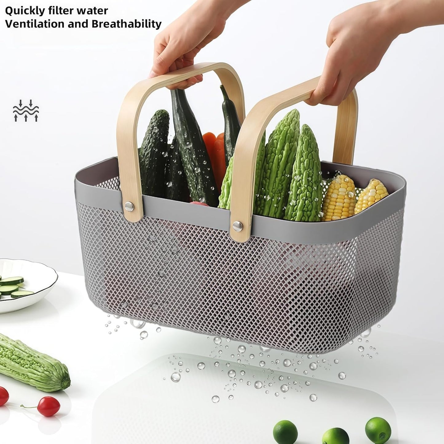 3pcs plastic harvest baskets, foldable wooden handles, rectangular garden storage baskets, for picking and collecting vegetables and fruits in the garden cabinet (Gray)