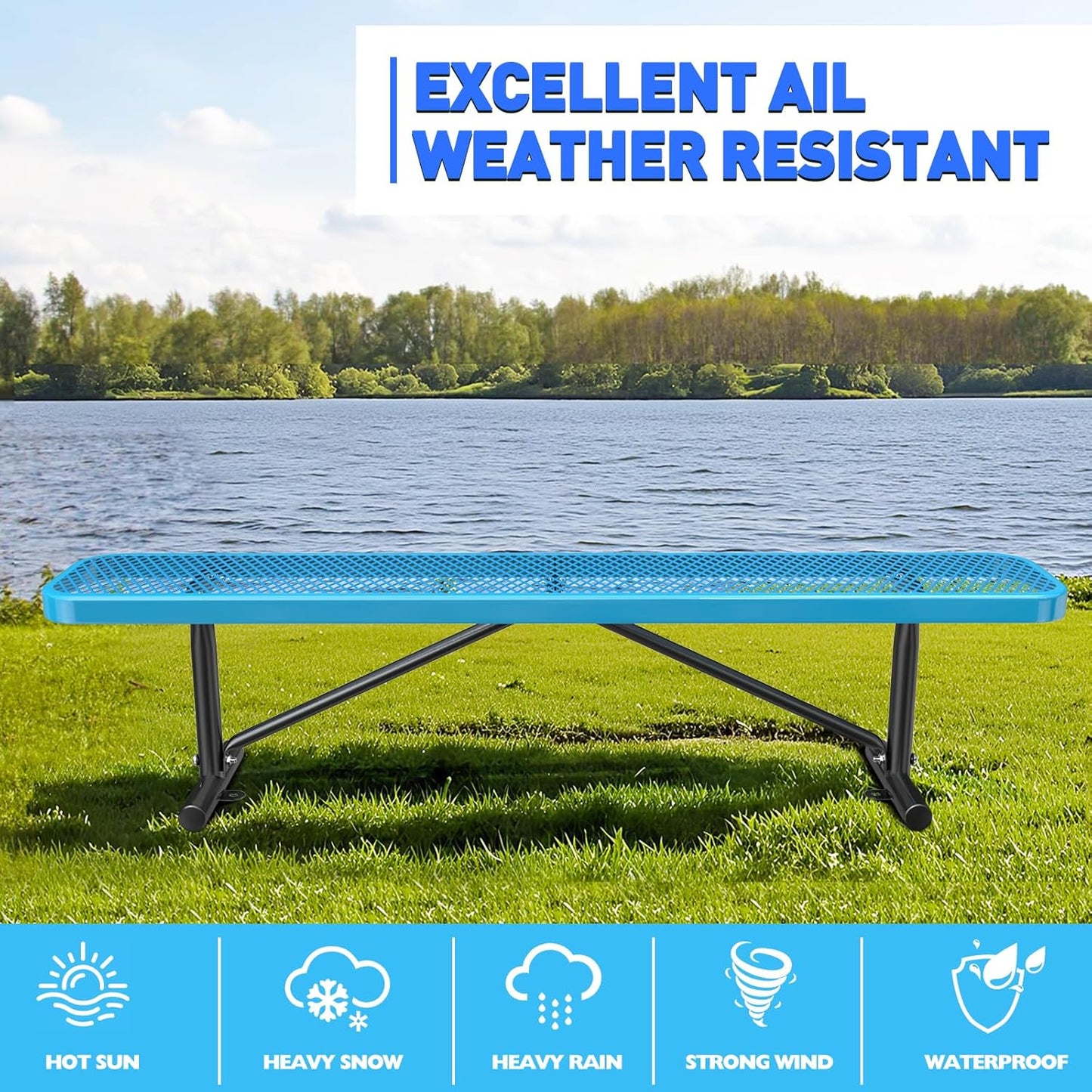 Heavy-Duty Park Bench or Table for Outside - Black Coated Outdoor Furniture Steel Bench, Commercial-Grade Outdoor Benches Weatherproof for Park, Patio, Porch (Blue, 6FT (Without Backrest))