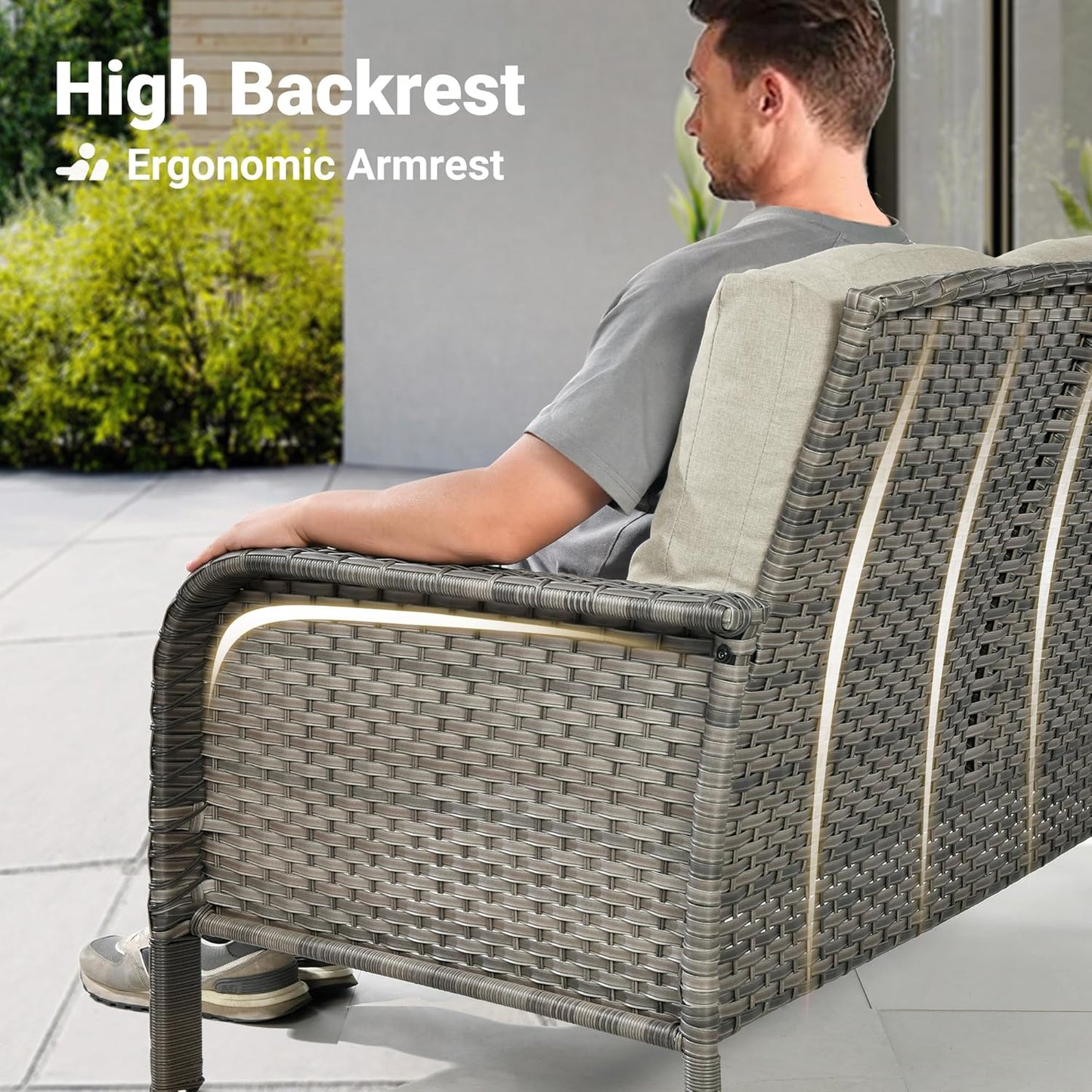 ovios 2 Pieces Patio Furniture Set, Outdoor Wicker Sofa with Glass Coffee Table, All Weather High Back Rattan Loveseat Couch 2 Seats with Comfy Cushions, Beige