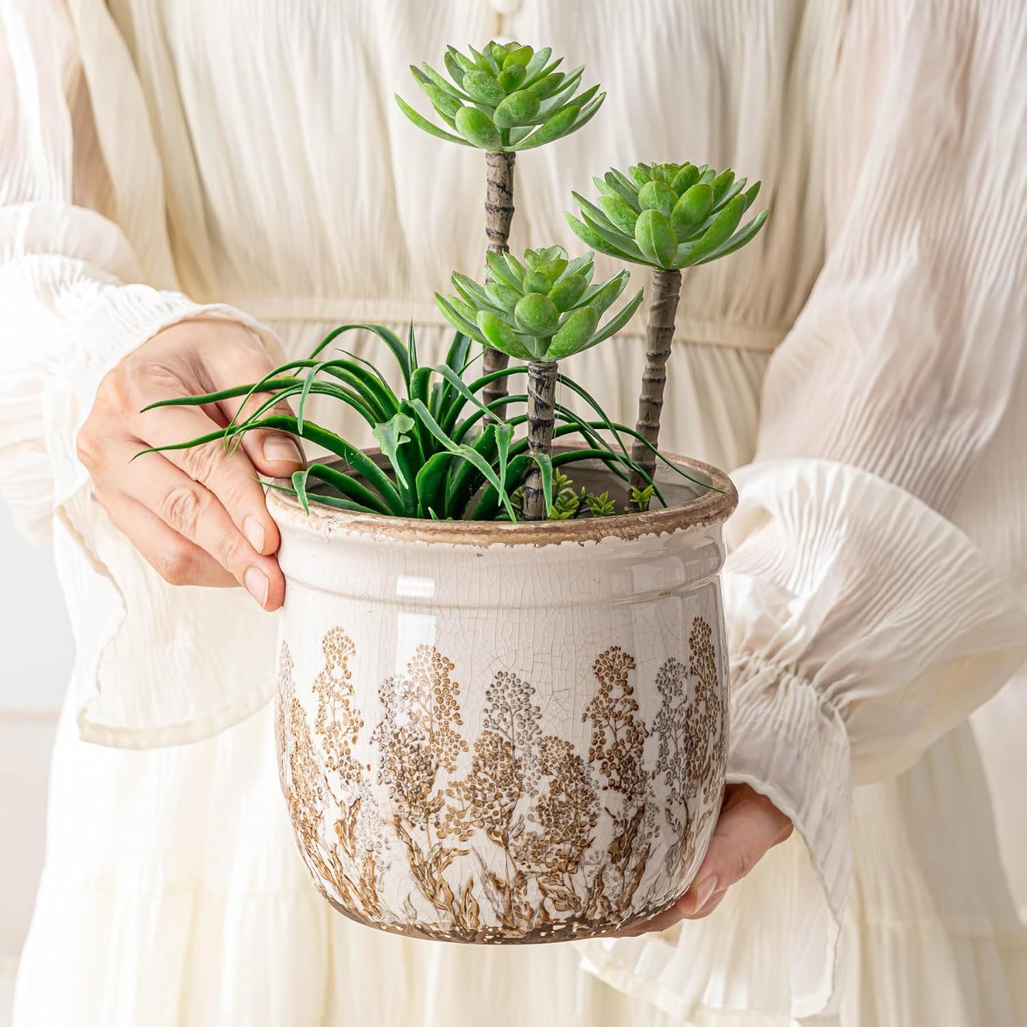 Set of 2 Ceramic Planters for Indoor Plants, 4.7+5.7 Inch Vintage Flower Pots without Drainage Hole, Rustic Brown Planter Set, Decorative Plant Pots for Indoor Plants, Home Decor, Living Room, Office