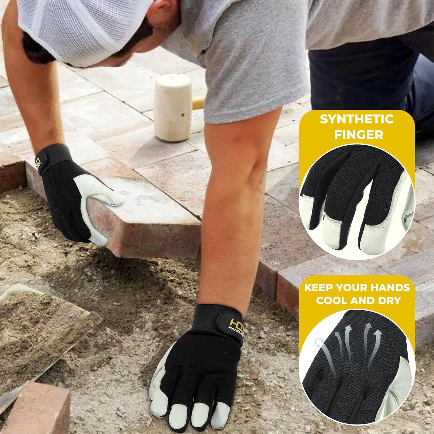 HLDD HANDLANDY Leather Work Gloves for Men & Women, Adjustable Wrist Cowhide Gardening Glove with Reinforced Palm for Driver