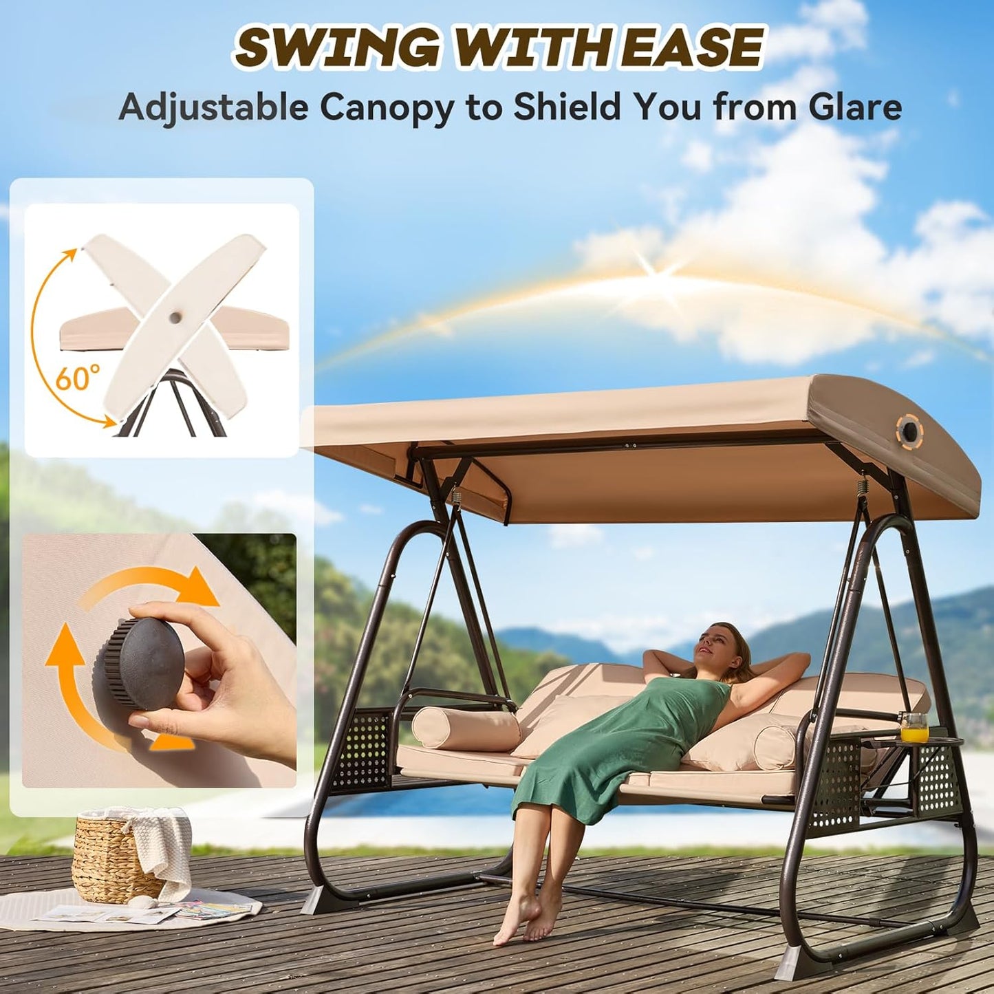 3 in 1 Outdoor Porch Swing with Adjustable Canopy, 3 Seat Outdoor Swing for Adults, Patio Swing Chair with Thickened Cushions,Pillows & Cup Holders for Backyard, Porch, Garden (Khaki)