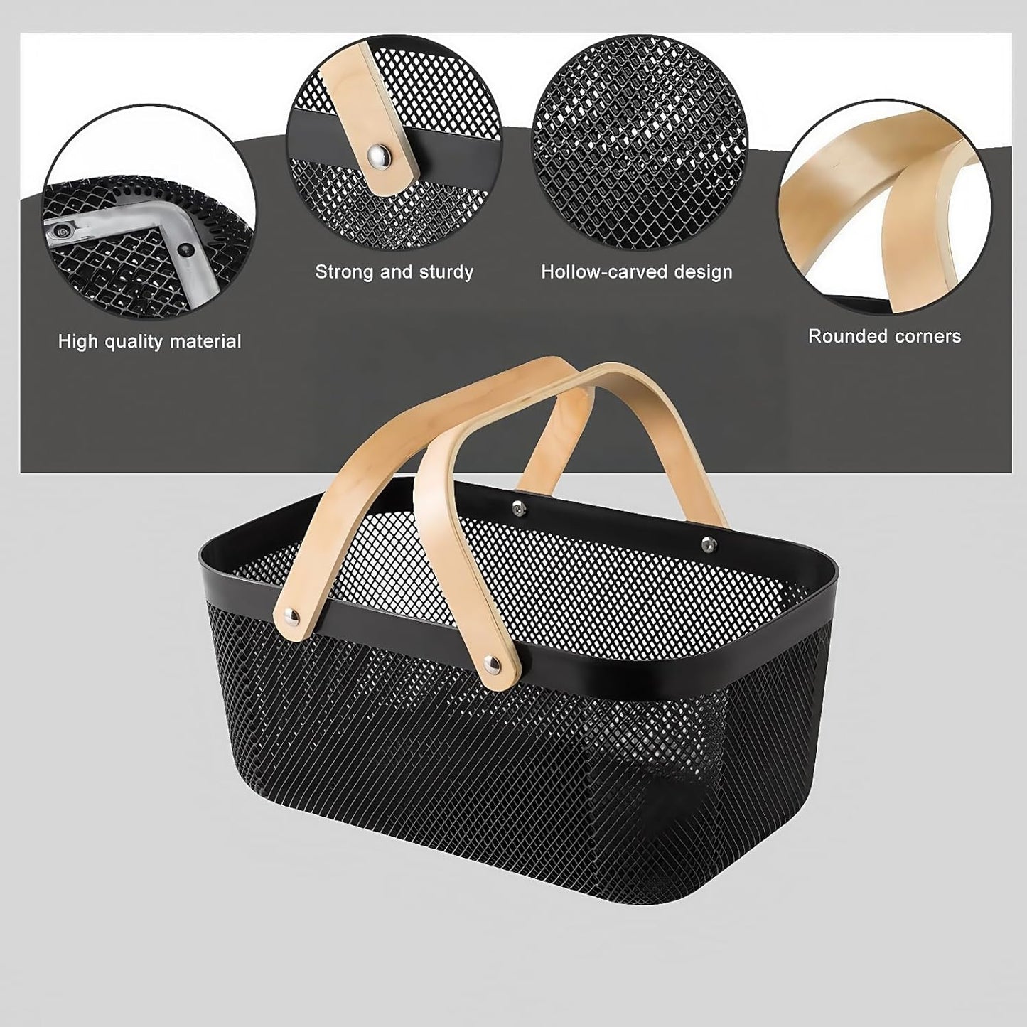 3pcs plastic harvest baskets, foldable wooden handles, rectangular garden storage baskets, for picking and collecting vegetables and fruits in the garden cabinet (Black)