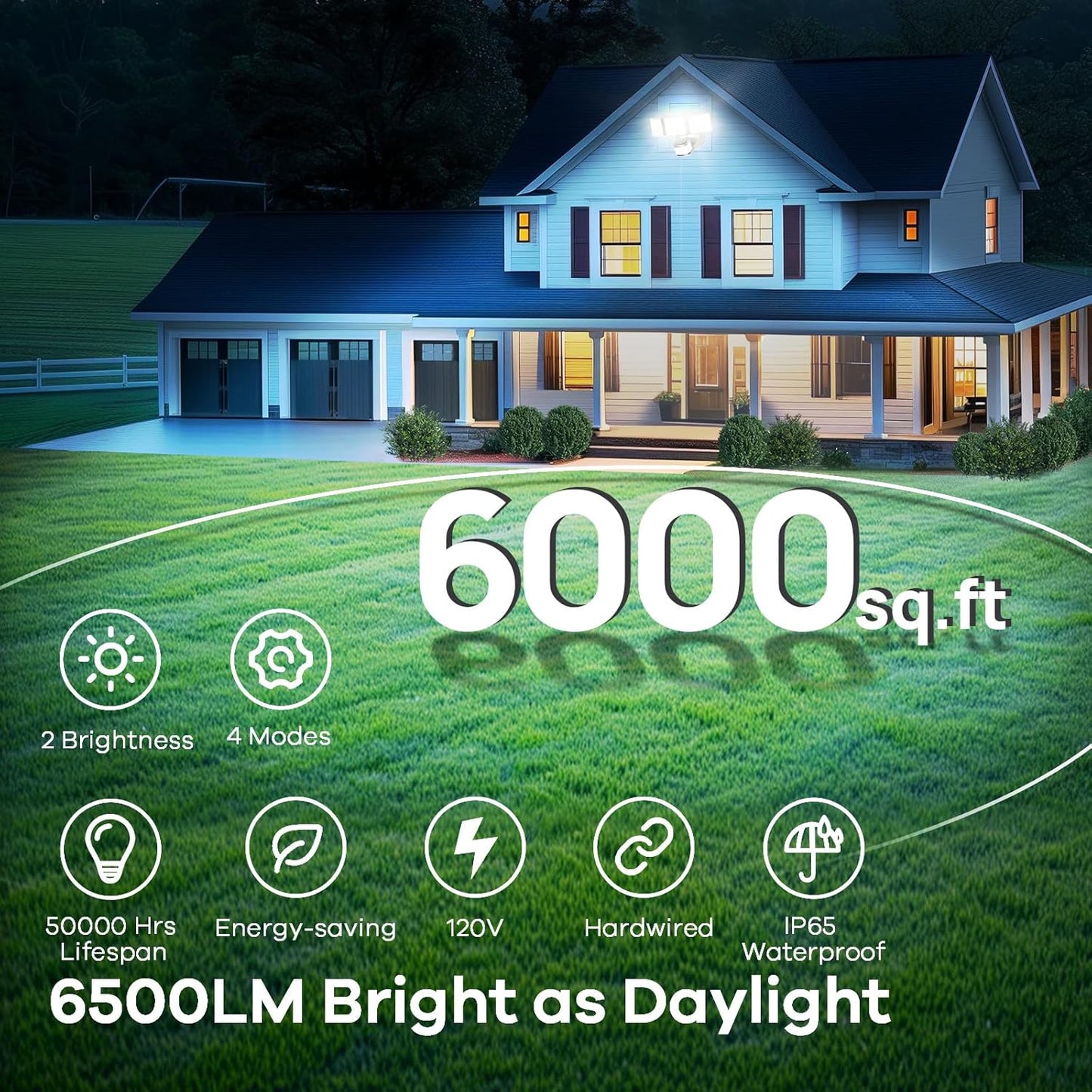 OREiN 6500LM/42W Flood Lights Outdoor, 180°/75FT Motion Sensor Outdoor Lights 4 Modes Dimmable Dusk to Dawn Floodlights IP65 Waterproof for 6000SQ.FT Area for Big Patio, Driveway, Black (Hardwired)