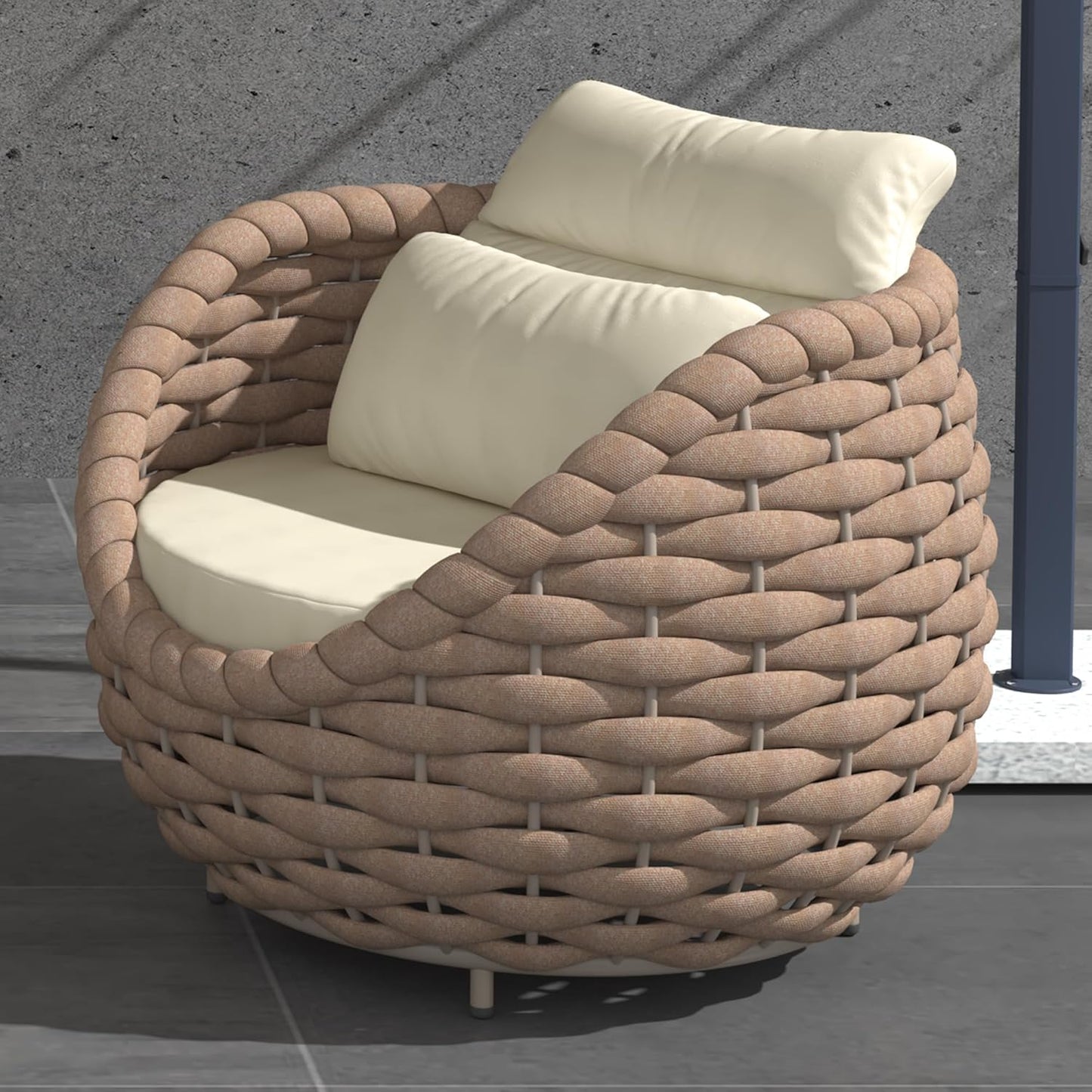 TWT 2 Pieces Patio Furniture Aluminum Armchair, All-Weather Outdoor Single Sofa with Teslin Rope Metal Chair with Light Yellow Cushions, Light Brown