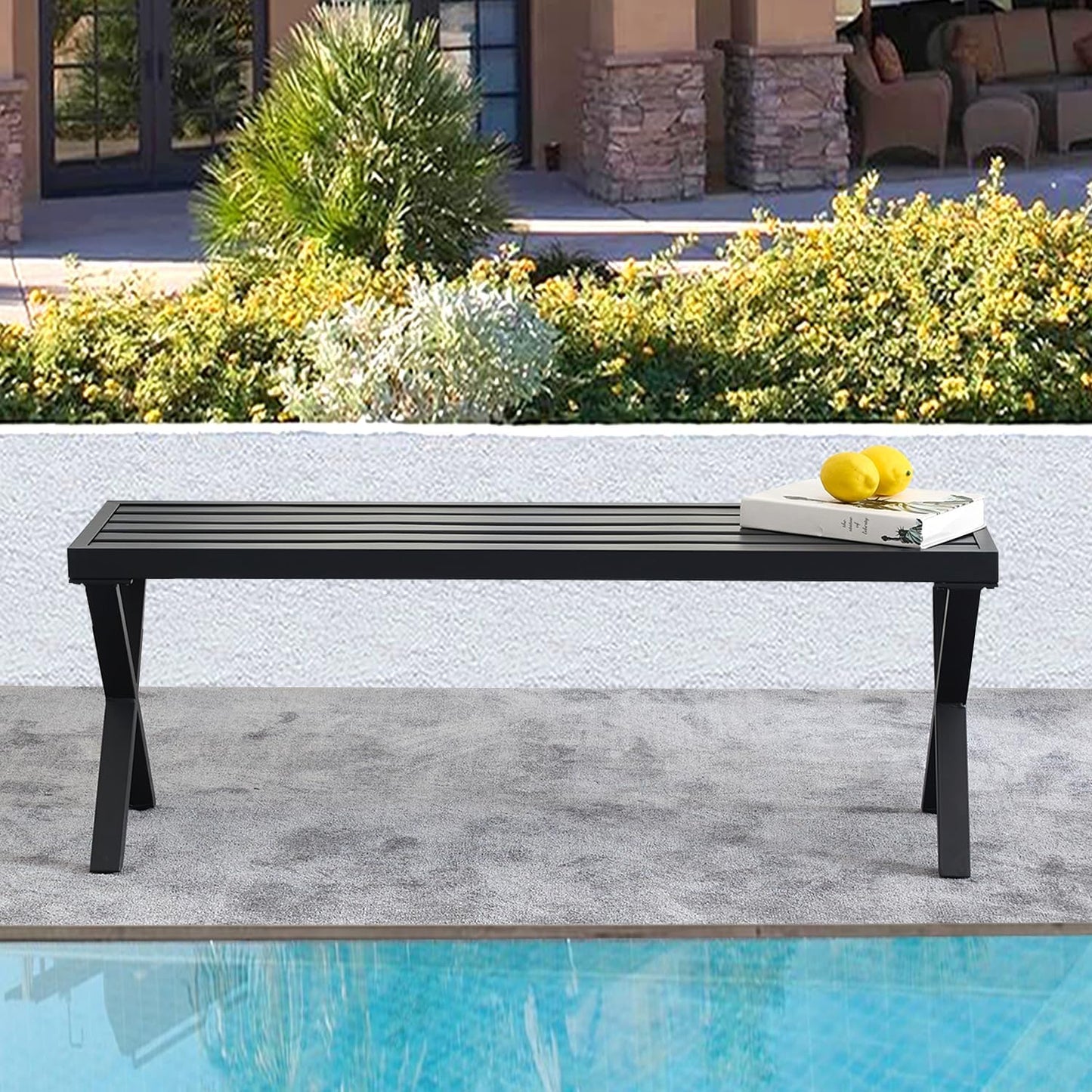 Black Outdoor Bench, 46" Outdoor Metal Backless Bench for Outdoor, Patio Garden Bench, All Weather Outdoor Bench with cors for Garden, Backyard, Porch, Black