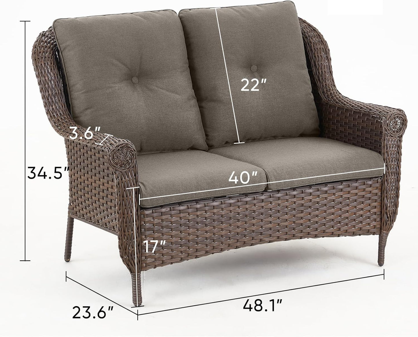 Patio Loveseat Outdoor Wicker Sofa - Heavy Duty All-Weather Brown Rattan 2-Person Sofas with High Back and Comfortable Thick Cushions for Garden Back Porch Poolside Apartment - Grey