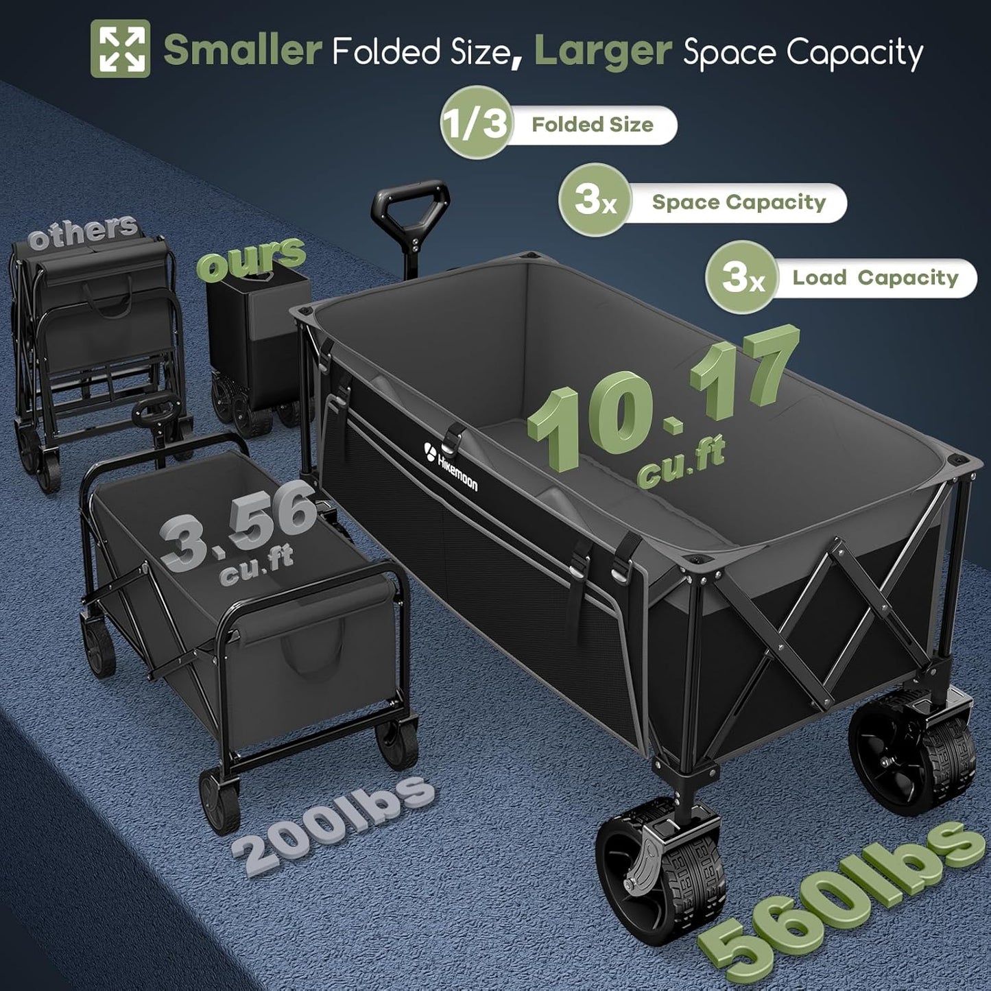 300L Extra Large Wagons Carts Foldable, 560LBS Heavy Duty Collapsible Beach Wagon 48" Long with Big All-Terrain Wheels, Utility Folding Cart for Camping, Grocery, Sports, Garden, Grey & Black