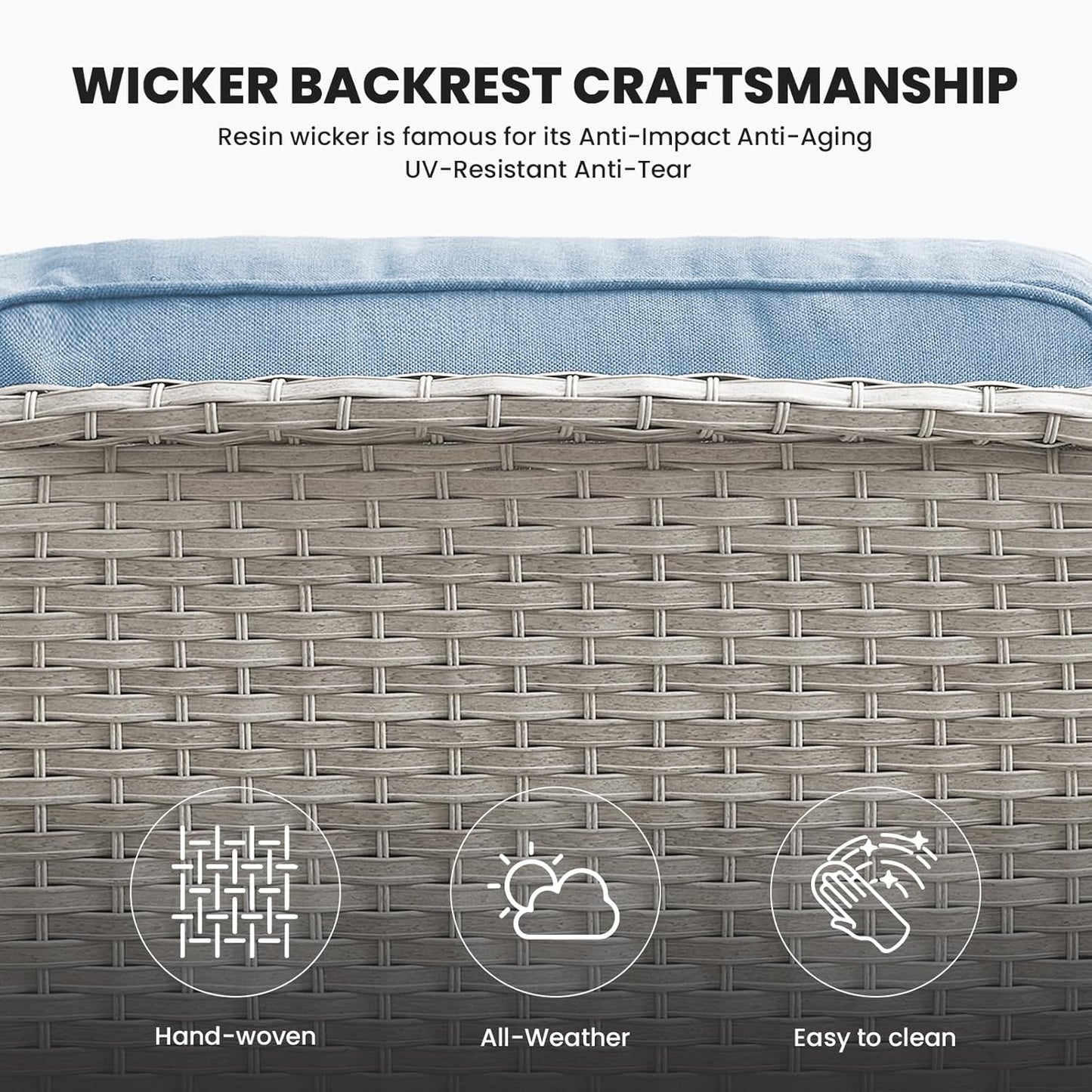 Outdoor Sofa Couch Wicker Furniture 3-Seater Rattan Sofa Patio Furniture Set with Washable 4“ Baby Blue Cushions