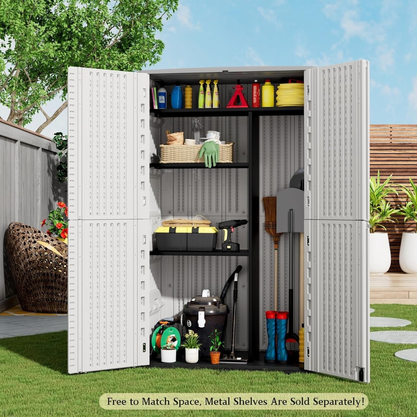 ZZM Large 67 Cu.ft Waterproof Storage Shed, Outdoor Storage Cabinet，Durable Resin Storage for Patio Furniture, Garden Tools, Pool Accessories, Mower Storage (White)