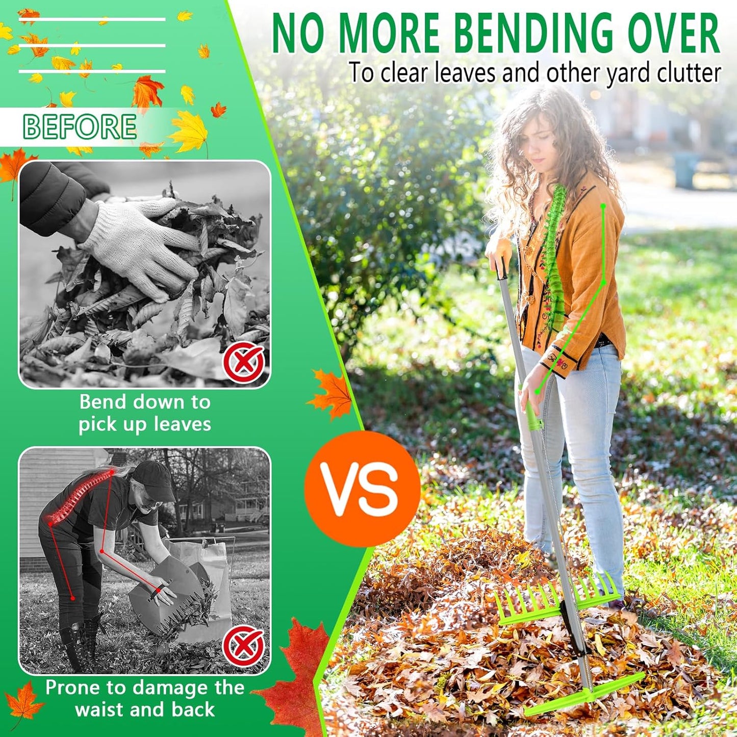 2-in-1 Leaf Grabber Rake Back Saving, Ergonomic Leaf Scoops Claws with Long Handle, Efficient Leaf Picker Upper Grabber Shovel for Yard Work Lawns Clean Up, Easy Pick Up Leaves No More Bending Over
