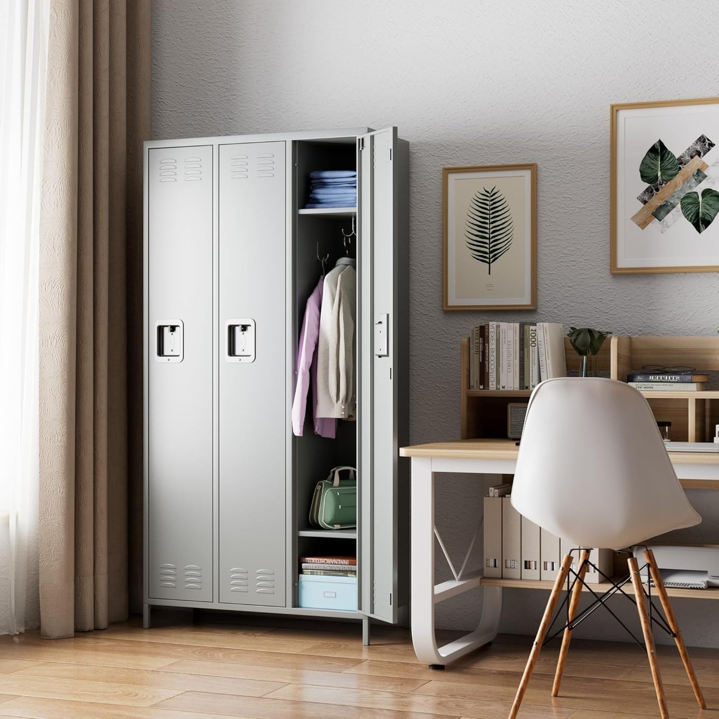 METAN Metal Locker for School Office Gym Bedroom,3 Doors Steel Storage Locker Cabinet for Employees,Industrial Storage Locker with 2 Shelves,Assembly Required (3 Door-Light Gray)