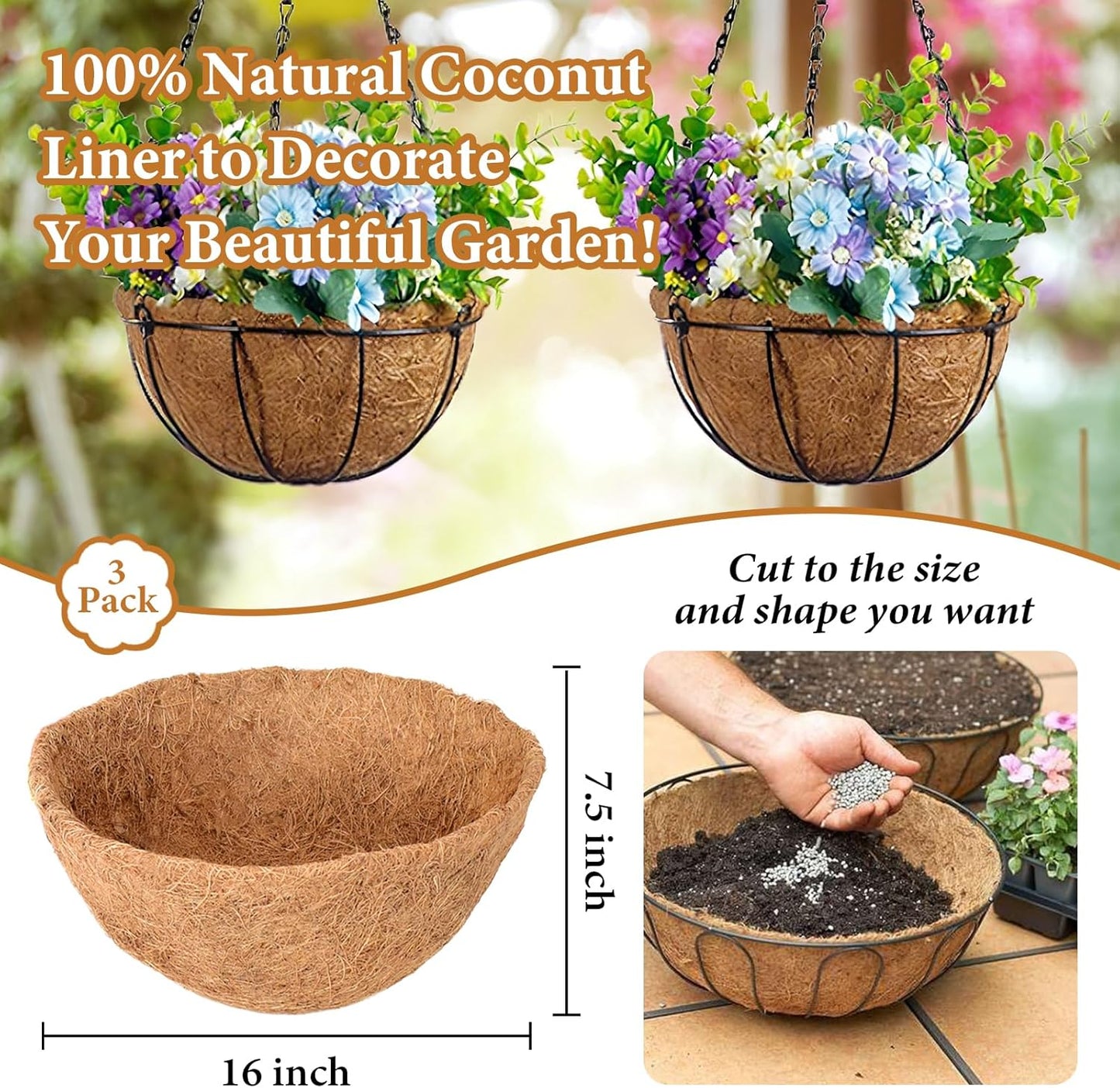 Legigo 3 Pack 16 Inch Hanging Basket Coco Liners Replacement, 100% Natural Round Coconut Coco Fiber Planter Basket Liners for Hanging Basket Flowers/Vegetables