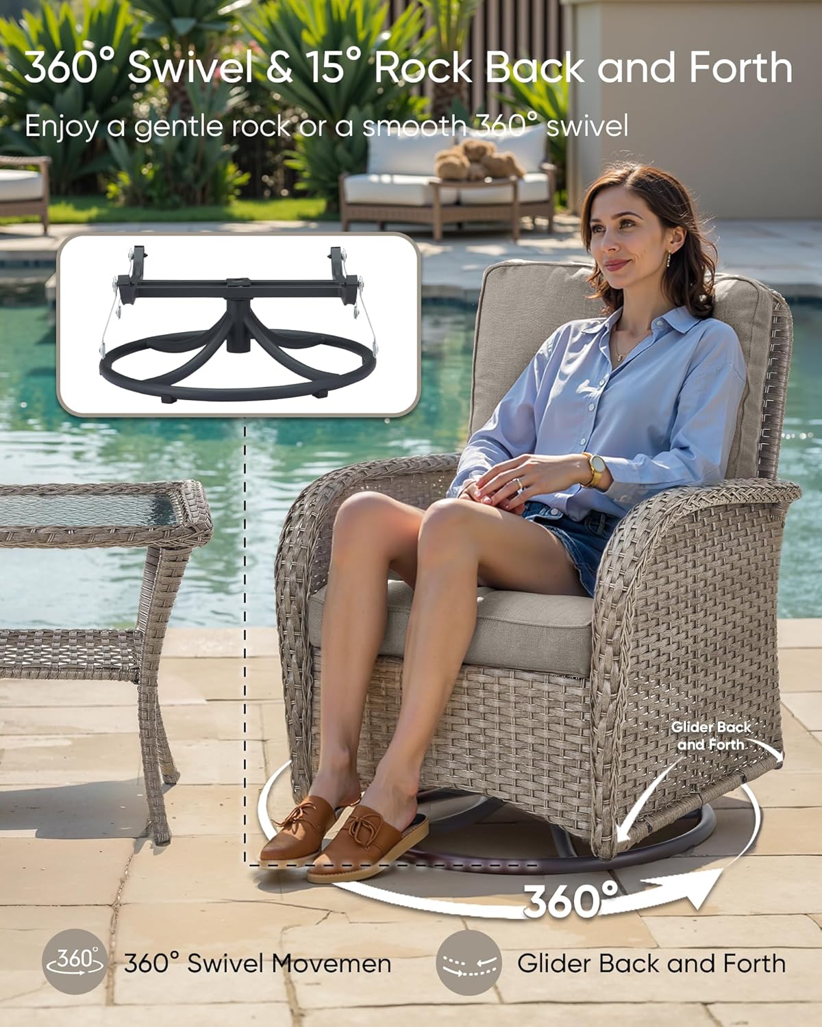 HUMMUH 6 Pieces Outdoor Patio Furniture-PE Rattan Wicker Sofa with Patio Swivel Rocking Chairs Patio Furniture for Deck Lawn Porch Balcony Poolside-Grey/Grey