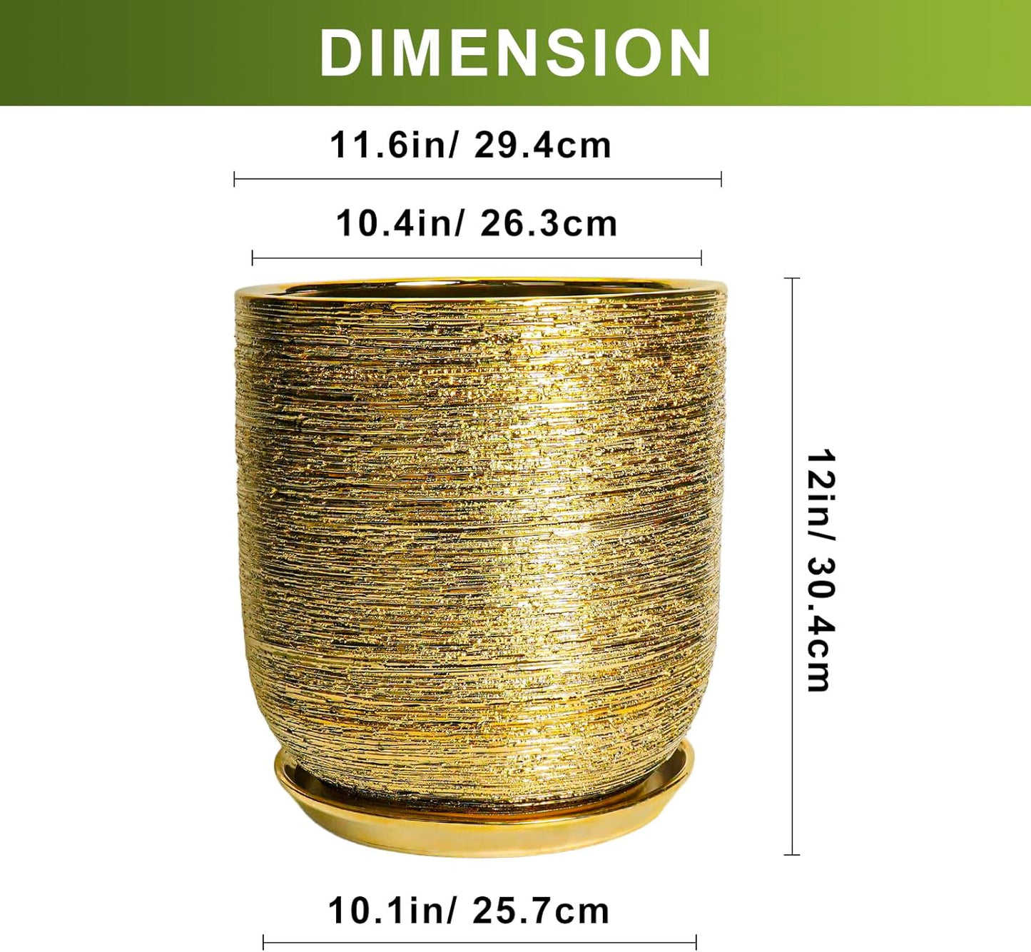 Ceramic Pots for Plants 12 Inch - Ceramic Planter for Indoor Outdoor Flowers, Cylinder Modern Flower Pot with Drainage Hole and Saucer, Patio Home Decor, Gifts for Plants Lovers, Gold