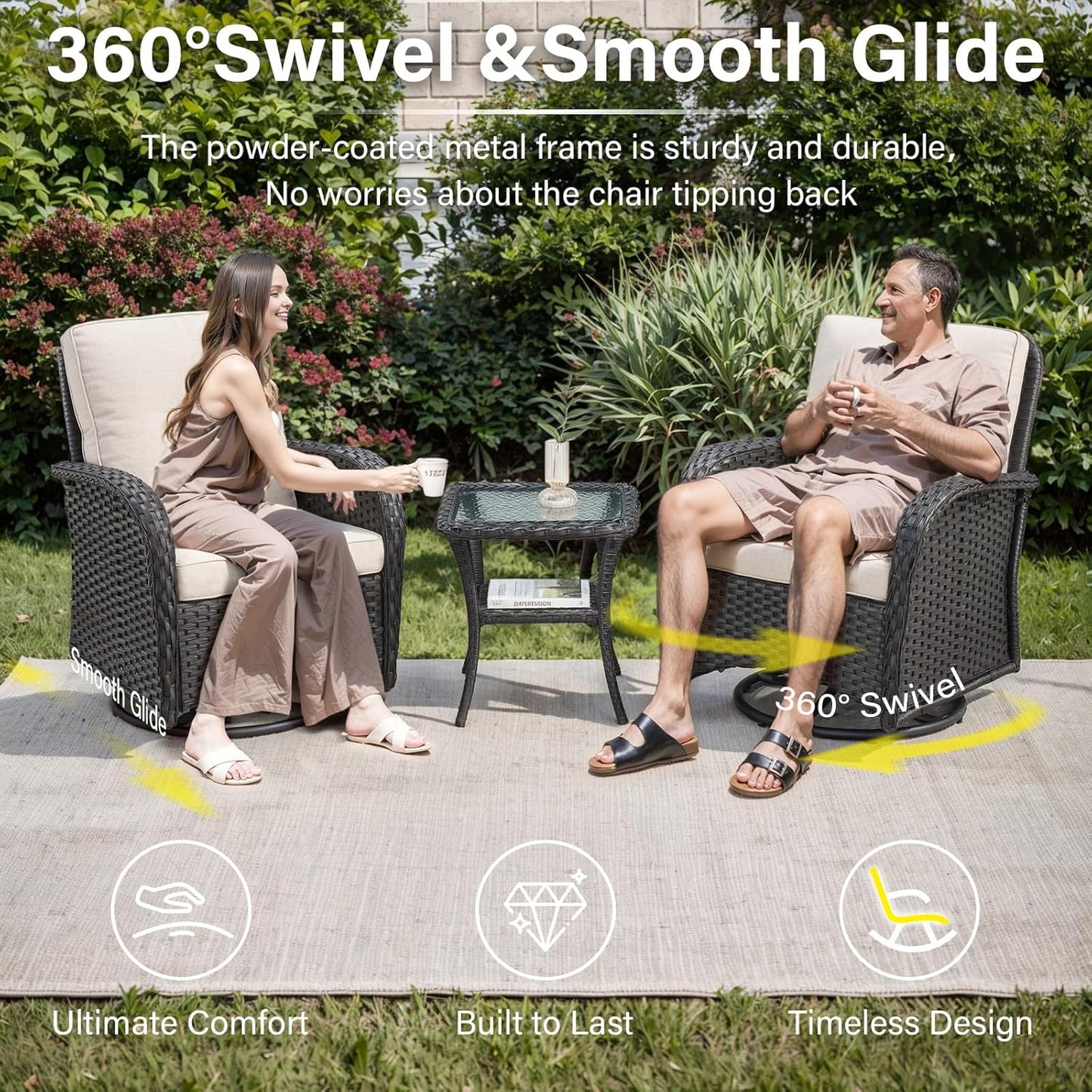 Expansive 10 Pieces Outdoor Patio Furniture Set with 43” Propane Fire Pit Table, Patio Conversation Set with Swivel Rocker Outdoor Chairs Set of 4 and Sofa, Ottoman and Wicker Side Table Black