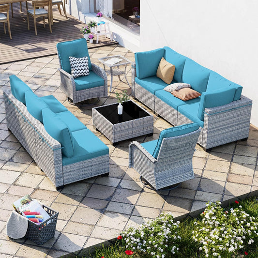 10-Piece Patio Furniture Set, Outdoor Patio Furniture with Swivel Chairs Set, Thick Cushions, Modular Patio Sofa, Dual-Strand Wicker Rattan, Rust-Resistant Frame, Lake Blue