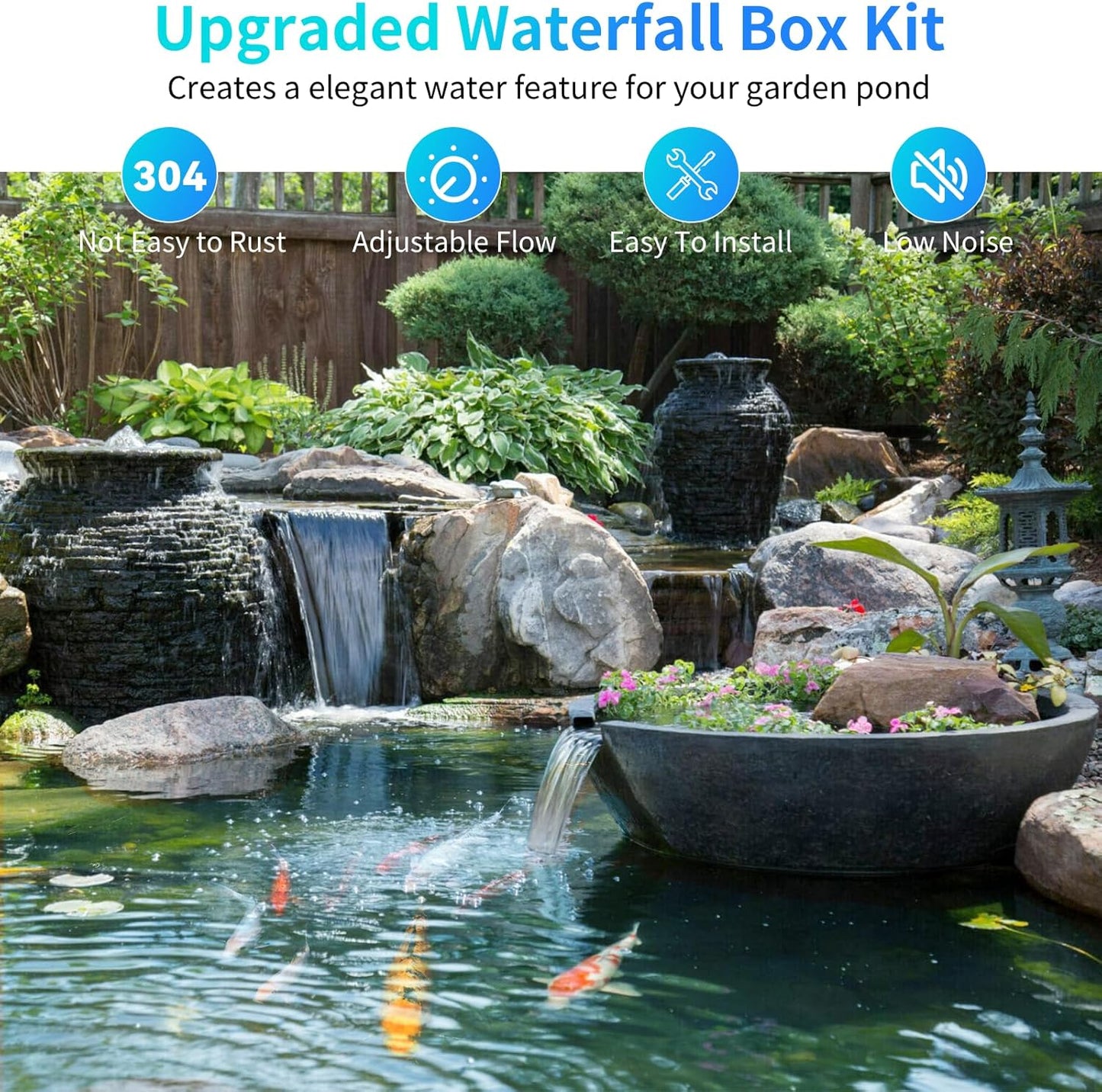 POPOSOAP 70W Pond Waterfall Spillway with Water Pump, 304 Stainless Steel Waterfall Kit with 9.8FT Corrugated Tube, Pond Waterfall Box for Outdoor Pond Waterfall Setup Waterfall System Garden Decor