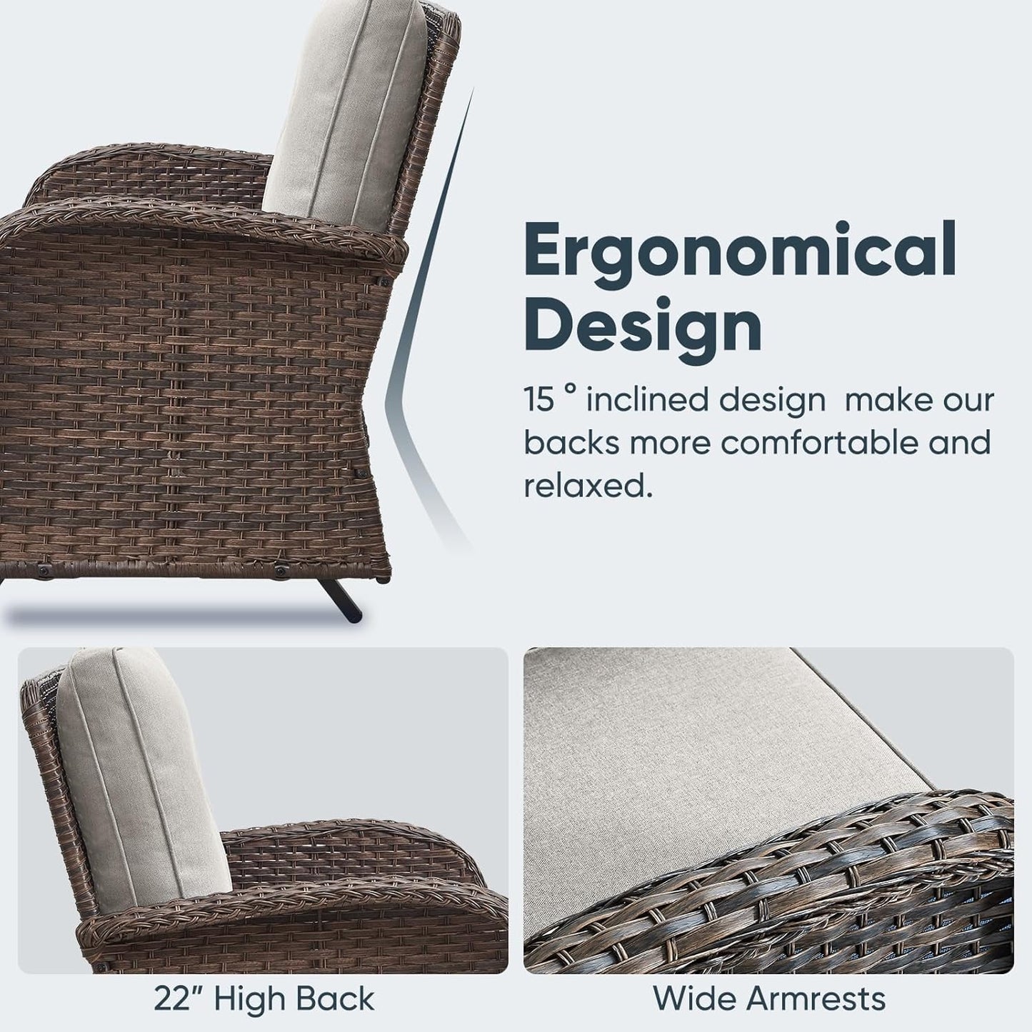 5 Piece Outdoor Patio Furniture Set with Deep Seating Swivel Rocker Chairs Loveseat and Rattan Coffee Table Outdoor Conversation Sets for Deck Backyard Poolside, Beige