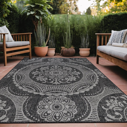 Medallion Outdoor Rug 6x9 Washable Outside Carpet for Indoor Patio Porch Waterproof Easy Cleaning Non Shedding Area Rugs Dark Gray 6 x 9