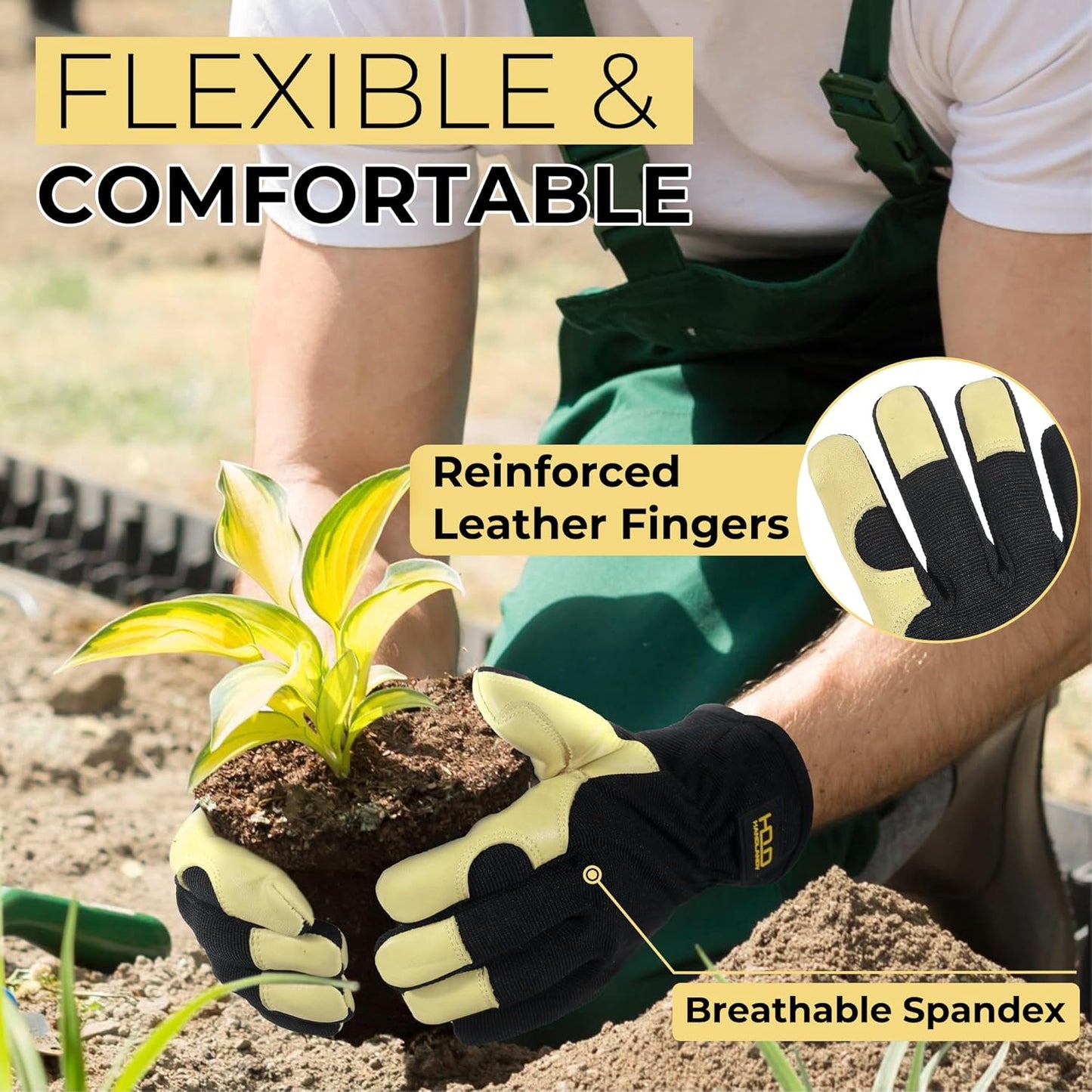HANDLANDY Leather Work Gloves for Men & Women, Reinforced Durable Garden Gloves, Cowhide Working Glove for Gardening