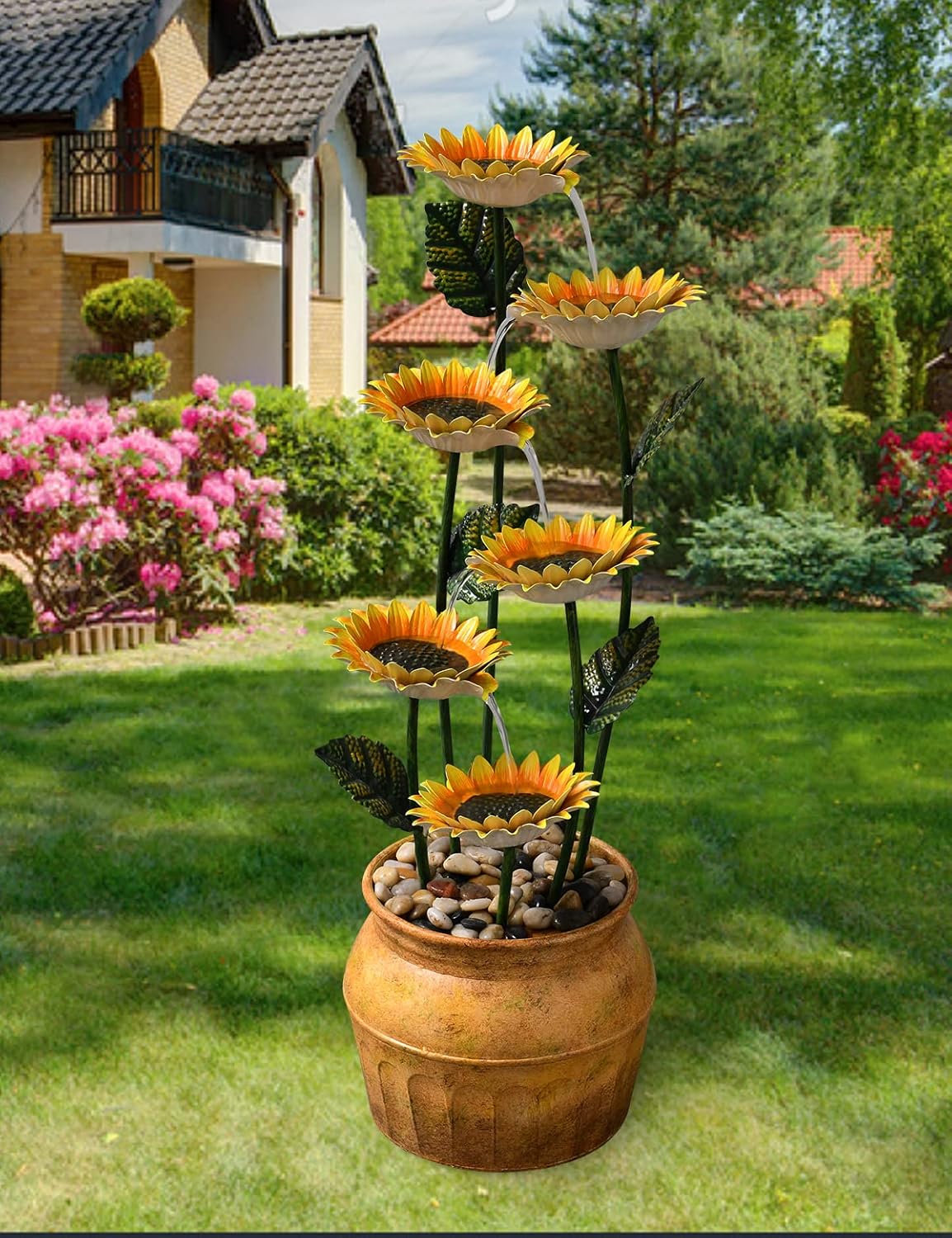 Outdoor Fountains and Waterfalls Cascading Sunflower Fountain 6-Tiers Indoor Outdoor Freestanding Water Fountain Garden Patio Backyard Porch Balcony Home Living Room Office Décor, 33.8 Inch Tall