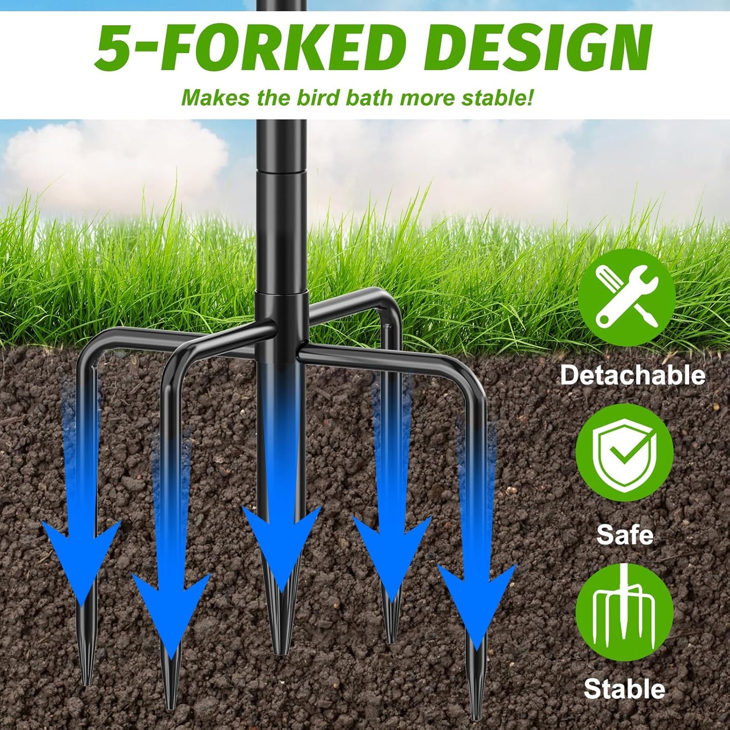 38In Bird Bath for Outside, Metal Birdbath Bowl Decorated Metal with 5 Prong Base Stand Outdoor Bird Baths Bird Feeder Garden Decor Yard Art (Blue-Green)