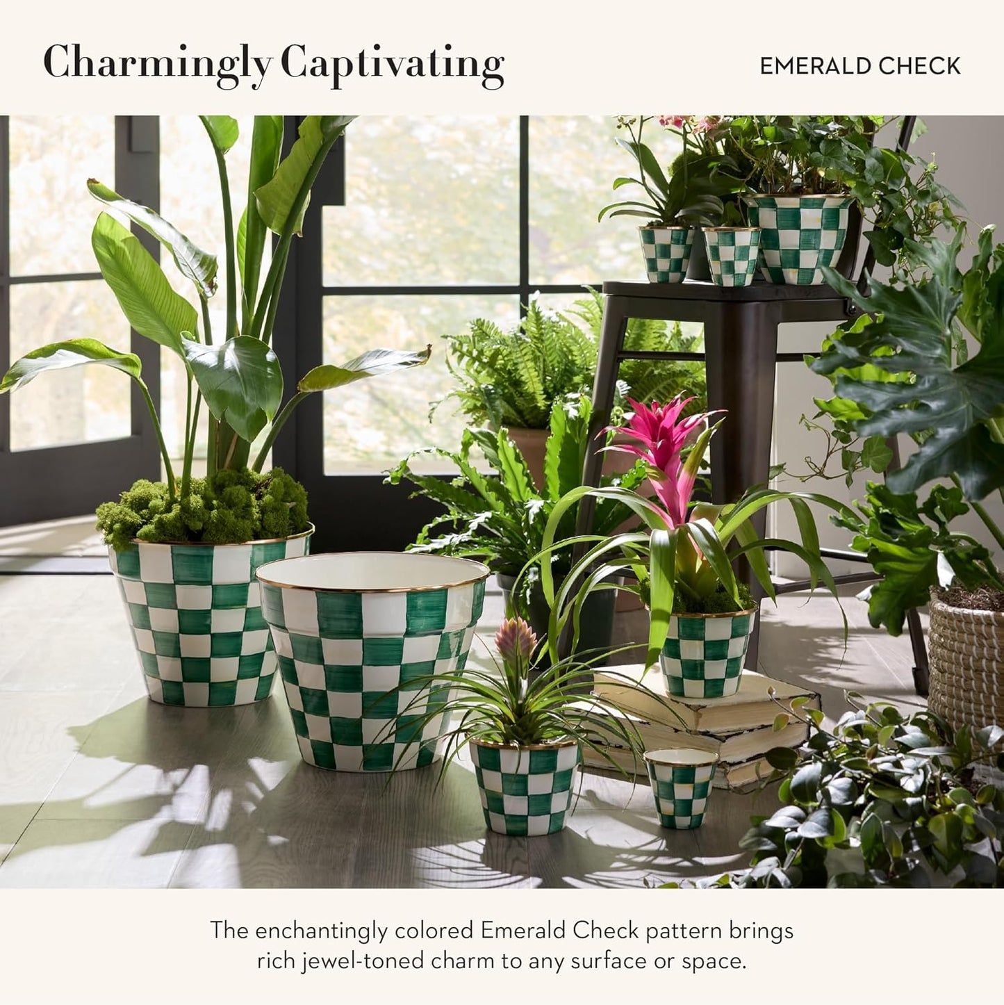 MACKENZIE-CHILDS Flowerpot, Decorative Garden Pot for Growing Plants, Green-and-White Emerald Check