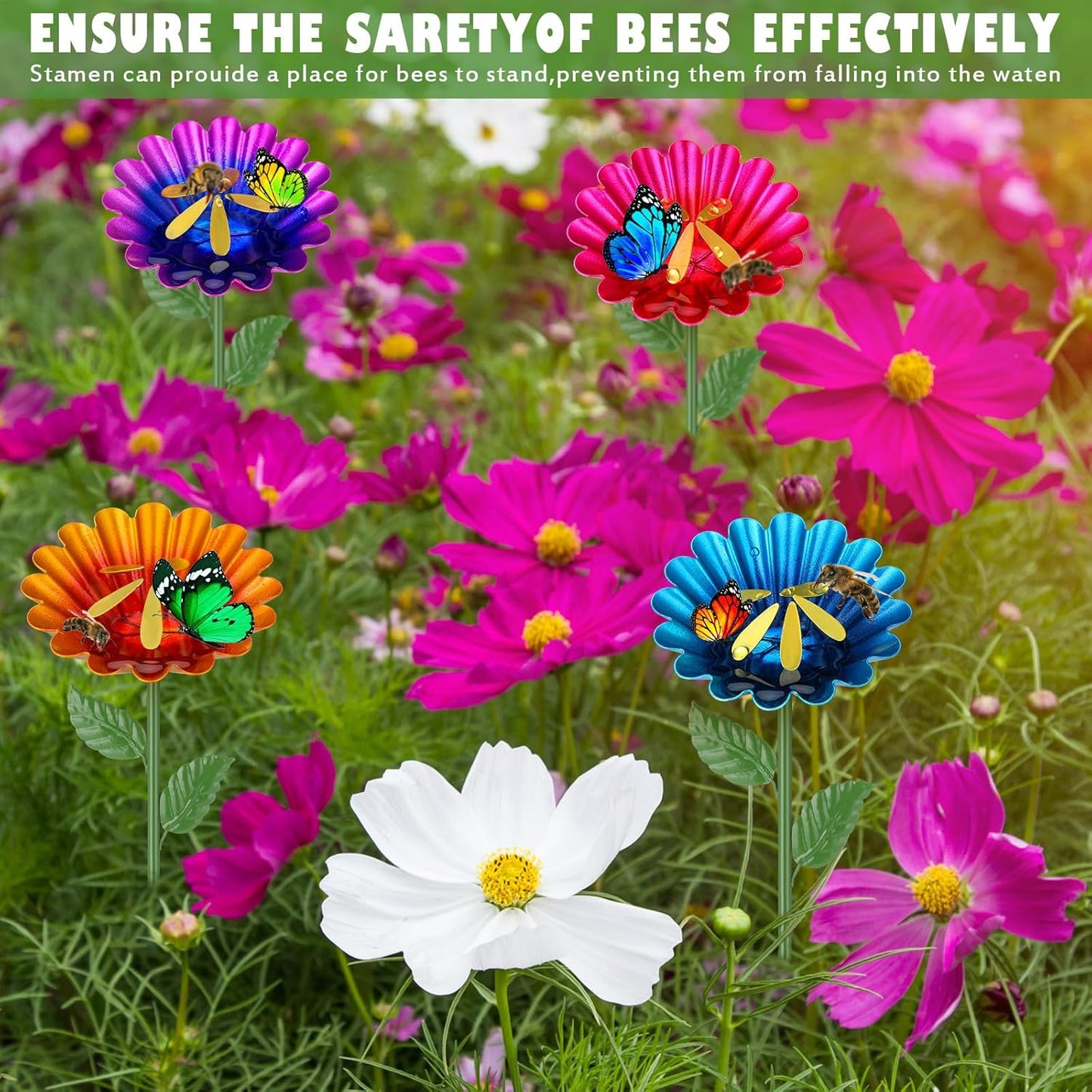 Geelin 4 Pack Bee Watering Station for Garden Metal Bee Water Cups with 5 Stamens Flower Design Water Feeder Colorful Butterfly Bath Bowl for Outdoor Garden Yard Pollinator Decor
