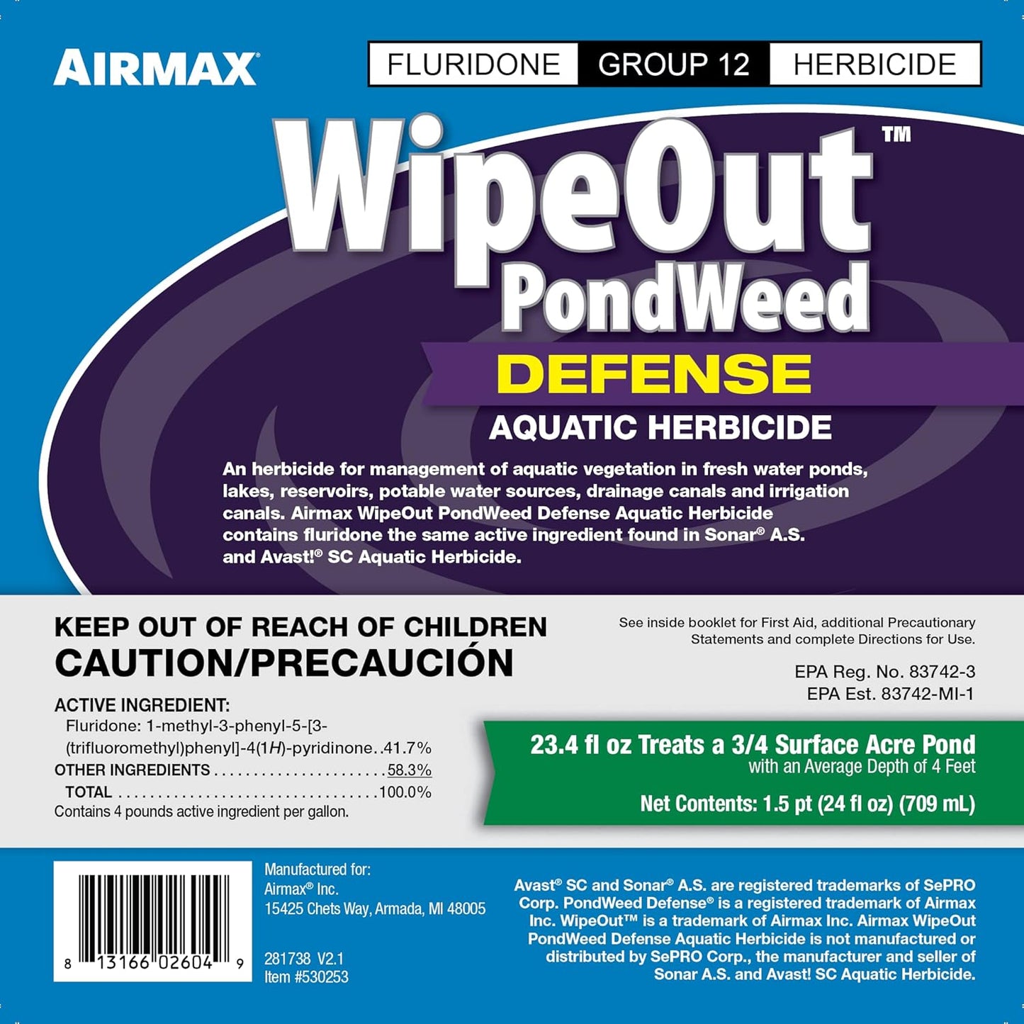 Airmax Wipeout Pond Weed Defense, Herbicide & Aquatic Weed Control, Controls Duckweed & Other Unwanted Submerged & Floating Vegetation, Easy-to-Use & Long Lasting, All-Season Treatment - 24 Ounce