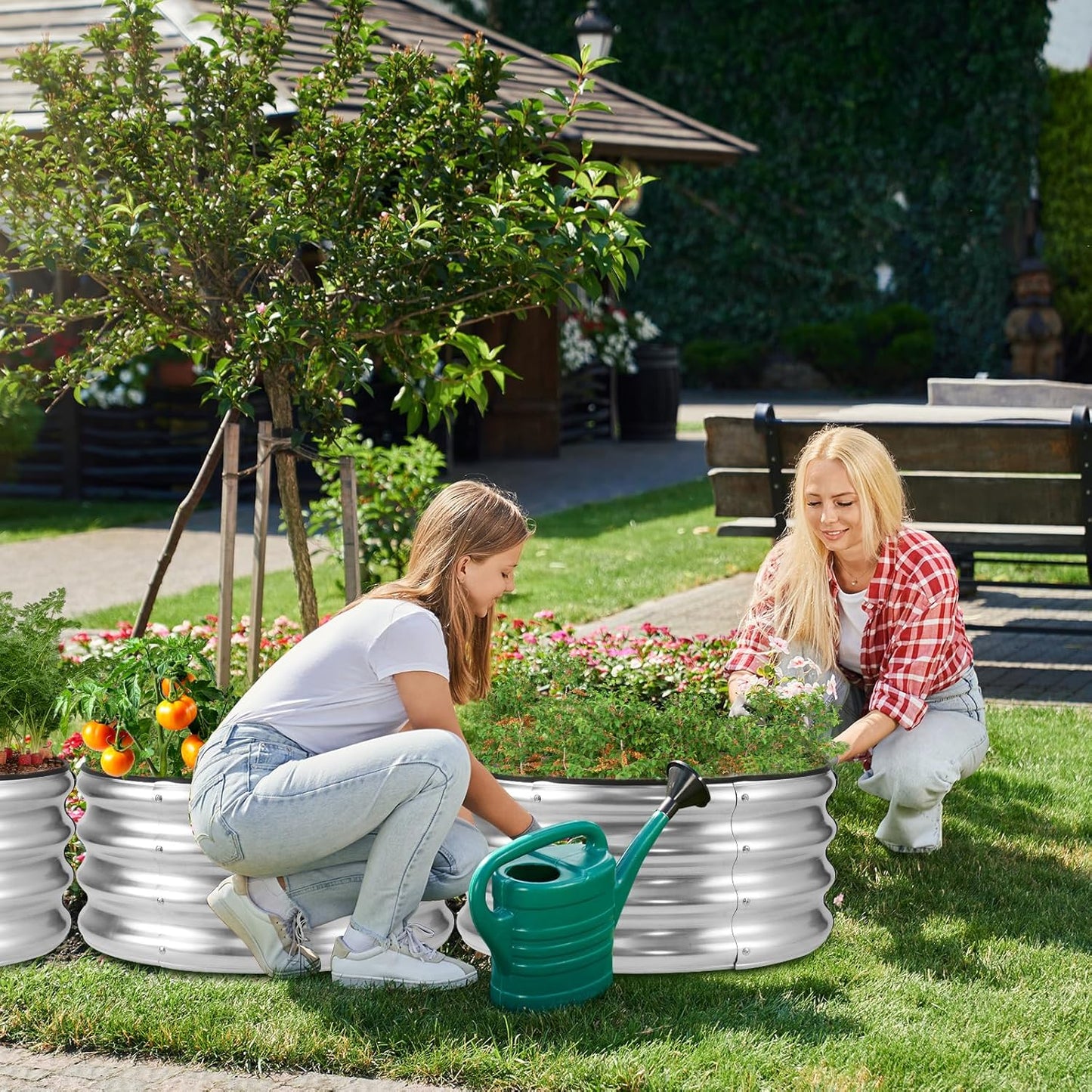 JERIA Raised Garden Bed,Galvanized Raised 2×2×1ft Planter Boxes Outdoor with Easy Assembly, Round Garden Bed for Vegetables, Fruits, Flowers