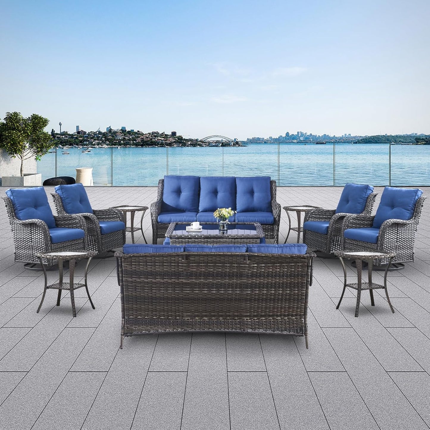Wicker Patio Furniture Sets - 13 Piece Outdoor Rattan Furniture Conversation Sets with 4 Swivel Rocker Chairs, 2 Rattan Sofas, Wicker Ottomans and Coffee Table, Mixed Grey/Blue